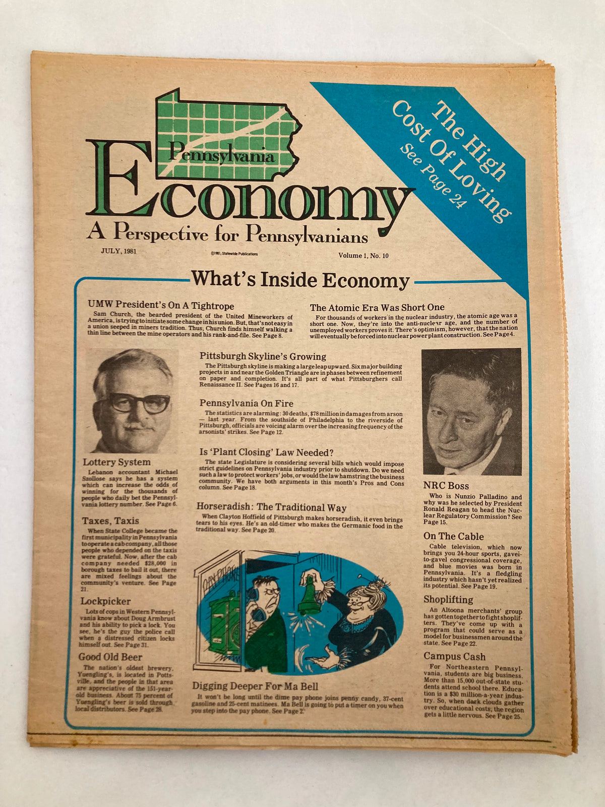 Pennsylvania Economy Tabloid July 1981 Vol 1 #10 featuring articles on UMW President's on a tightrope, showcasing the publication's focus on economic issues in Pennsylvania. The cover includes highlighted topics and a vintage design.