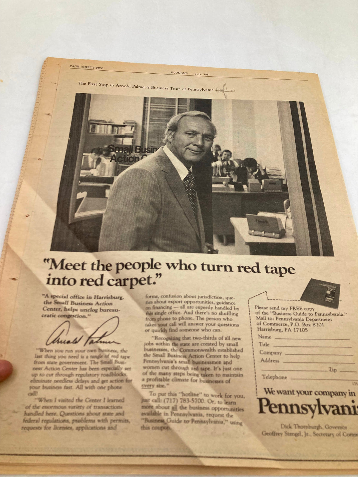 Pennsylvania Economy Tabloid July 1981 Vol 1 #10 advertisement featuring Arnold Palmer, promoting a business initiative in Pennsylvania, emphasizing support for local entrepreneurs and services.