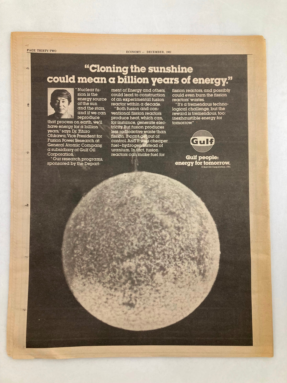 Image from Pennsylvania Economy Tabloid December 1982 Vol 3 #3 featuring a black and white photograph with the caption 'Cloning the sunshine could mean a billion years of energy.' The article discusses energy sources and the potential of solar energy technology.