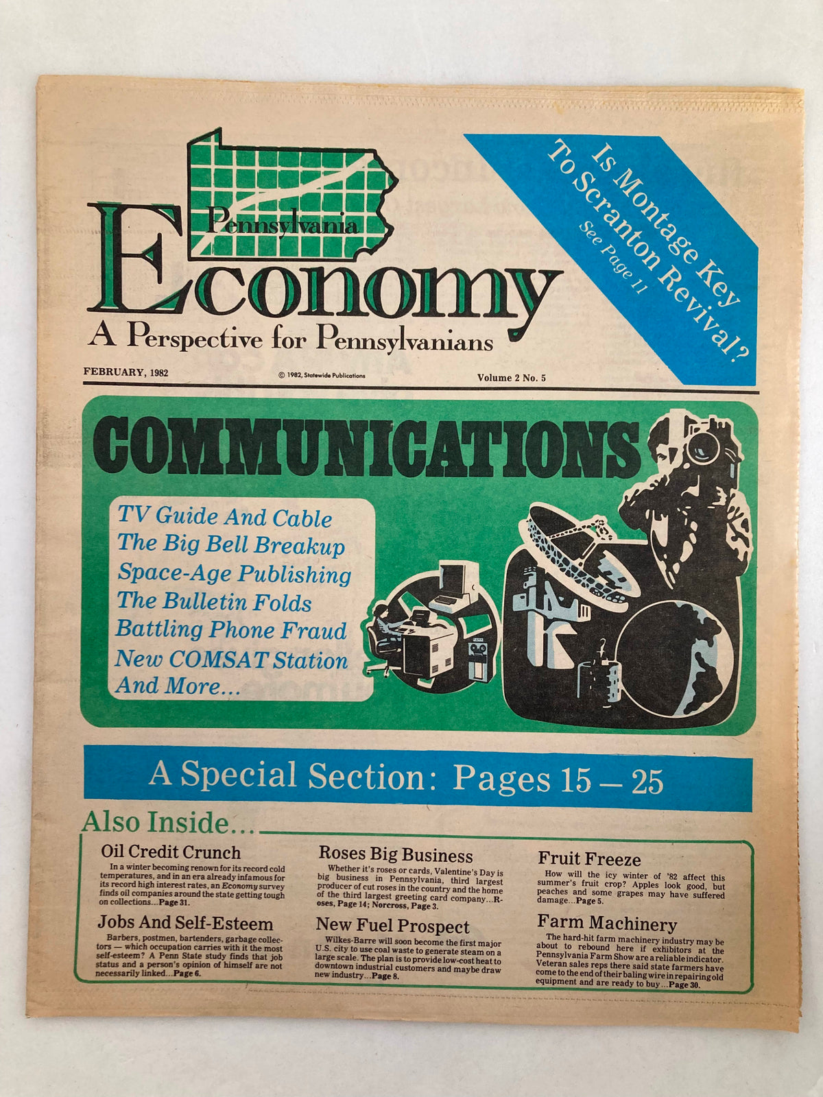 Cover of Pennsylvania Economy Tabloid February 1982 Vol 2 #5 featuring the theme 'Montage Key Scranton Revival' with highlights on communications and small business.