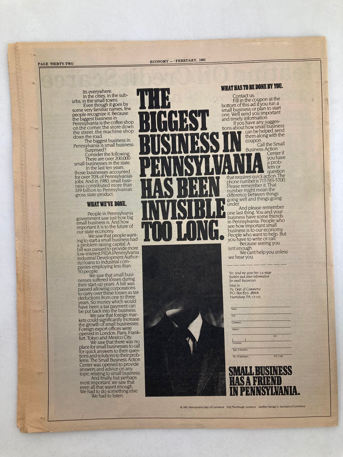 Inside page of Pennsylvania Economy Tabloid February 1982 Vol 2 #5 discussing the significance of small business in Pennsylvania and its often invisible impact on the economy.