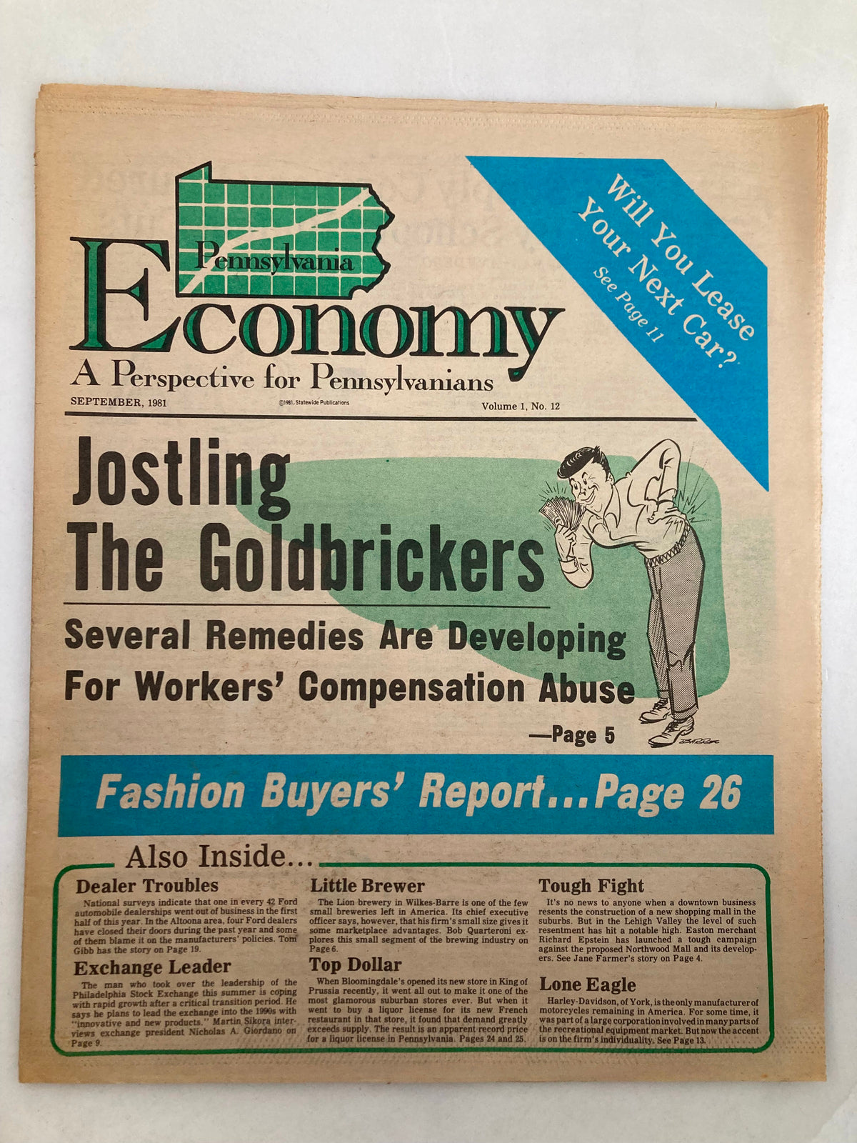 Pennsylvania Economy Tabloid September 1981 Volume 1, Number 12 featuring the headline 'Jostling The Goldbrickers' with articles on workers' compensation abuse. The cover includes a graphic map of Pennsylvania.