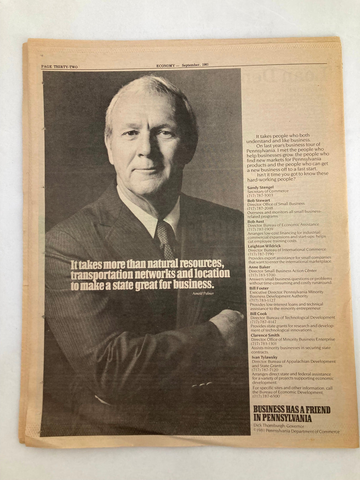 Inside page of Pennsylvania Economy Tabloid September 1981 highlighting a portrait of a businessman with a quote about making a state great for business. The page discusses important elements for business growth in Pennsylvania.