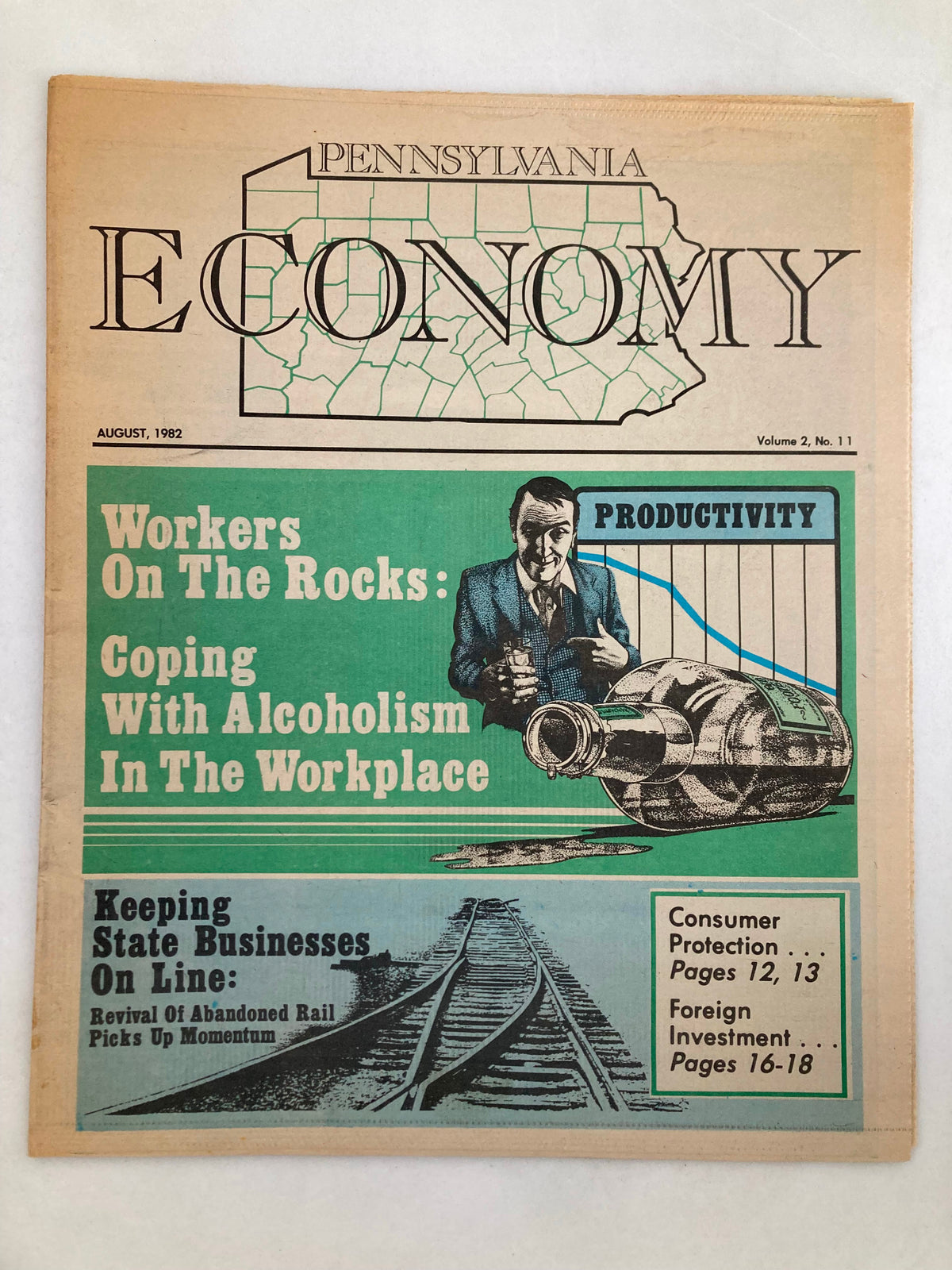 Cover of Pennsylvania Economy Tabloid August 1982 Vol 2 #11 featuring the headline 'Workers On The Rocks' with an illustration depicting productivity and workplace alcoholism.