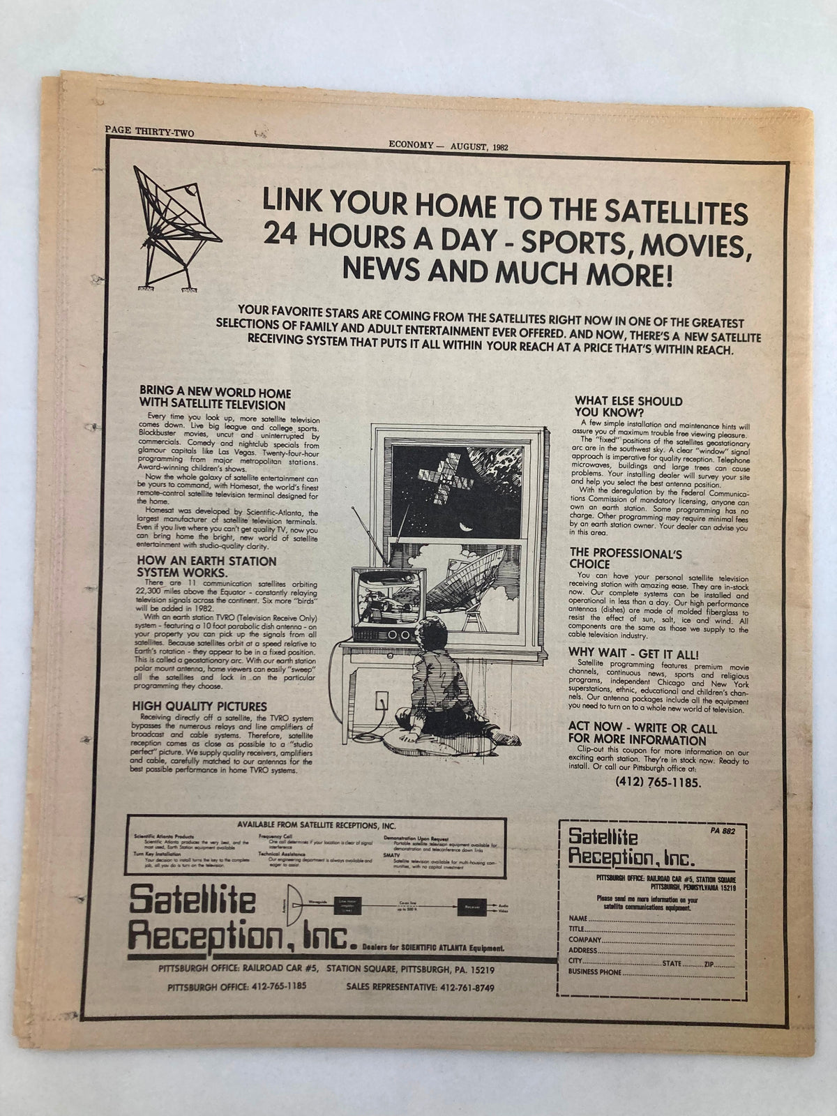 Back cover of Pennsylvania Economy Tabloid August 1982 Vol 2 #11 advertising satellite TV services with a drawing of a family watching TV, highlighting the reach of satellite technology.
