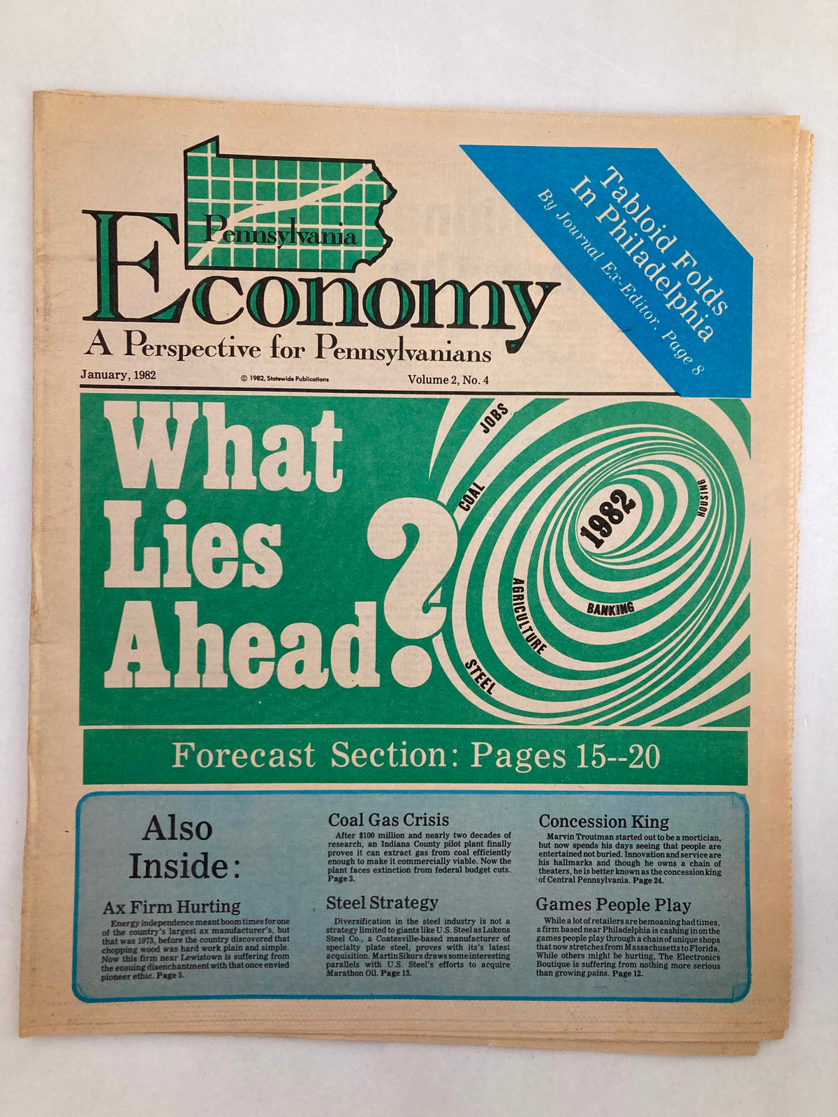 Pennsylvania Economy Tabloid January 1982 Vol 2 #4 cover featuring bold green typography and graphics, highlighting articles on local economic issues.