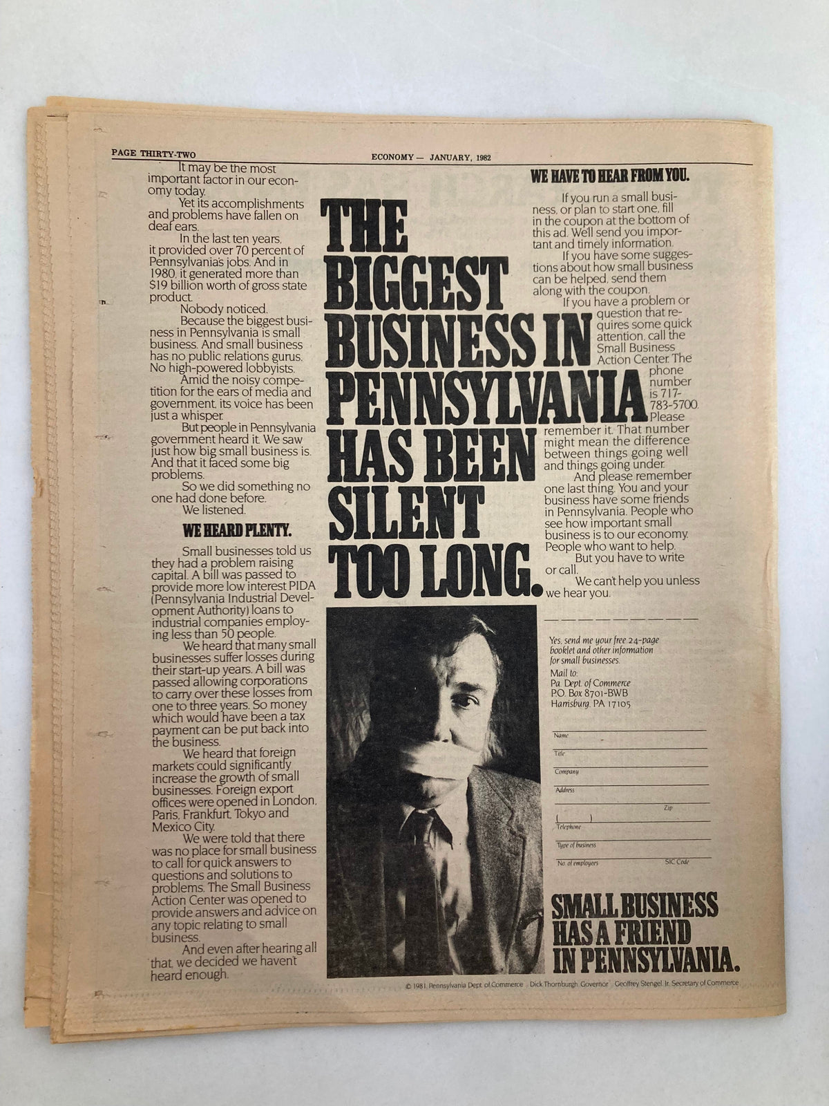 Interior page from the Pennsylvania Economy Tabloid January 1982 Vol 2 #4, discussing the challenges faced by small businesses in Pennsylvania with striking black and white text.