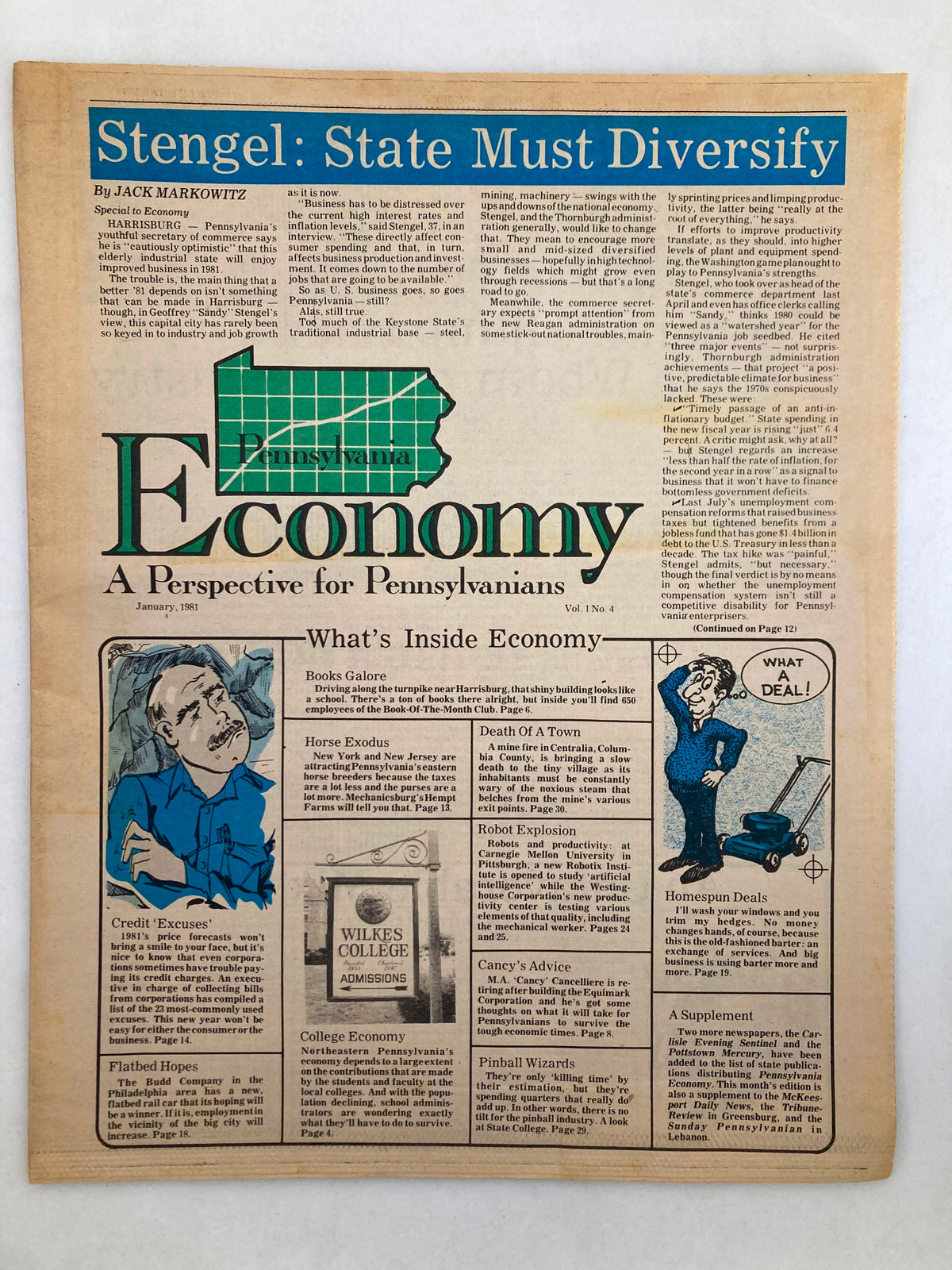 Pennsylvania Economy Tabloid January 1981 Vol 1 #4 featuring an article by Jack Markowitz titled 'Stengel: State Must Diversify'. The image shows a newspaper layout with sections highlighted, exploring topics relevant to the economy of Pennsylvania.