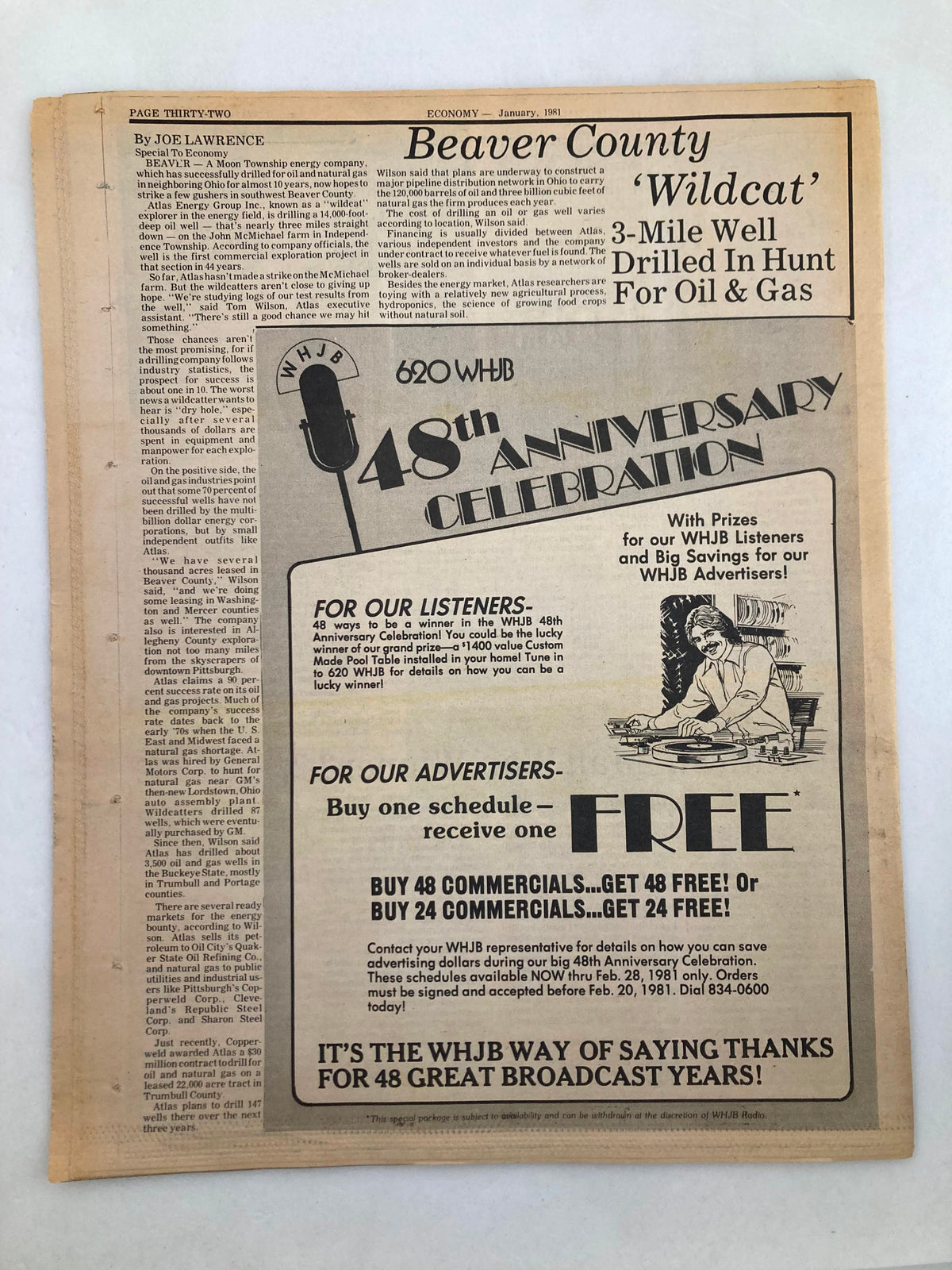 Beaver County Wildcat article featured in Pennsylvania Economy Tabloid January 1981 Vol 1 #4 Stengel: State Must Diversify. The newspaper showcases announcements and advertisements alongside news on oil and gas exploration.