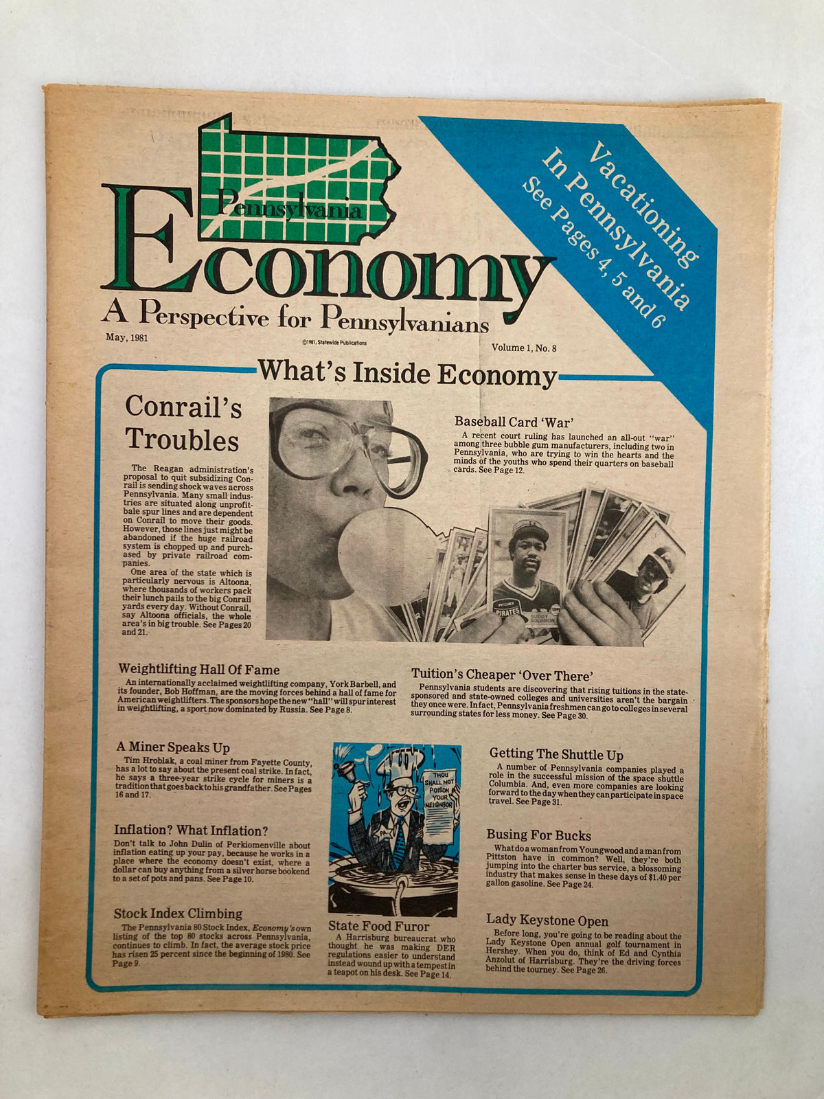 Pennsylvania Economy Tabloid May 1981 Vol 1 #8 featuring an article about Conrail's troubles and a spotlight on economic issues. The newspaper cover highlights various topics relevant to Pennsylvanians.