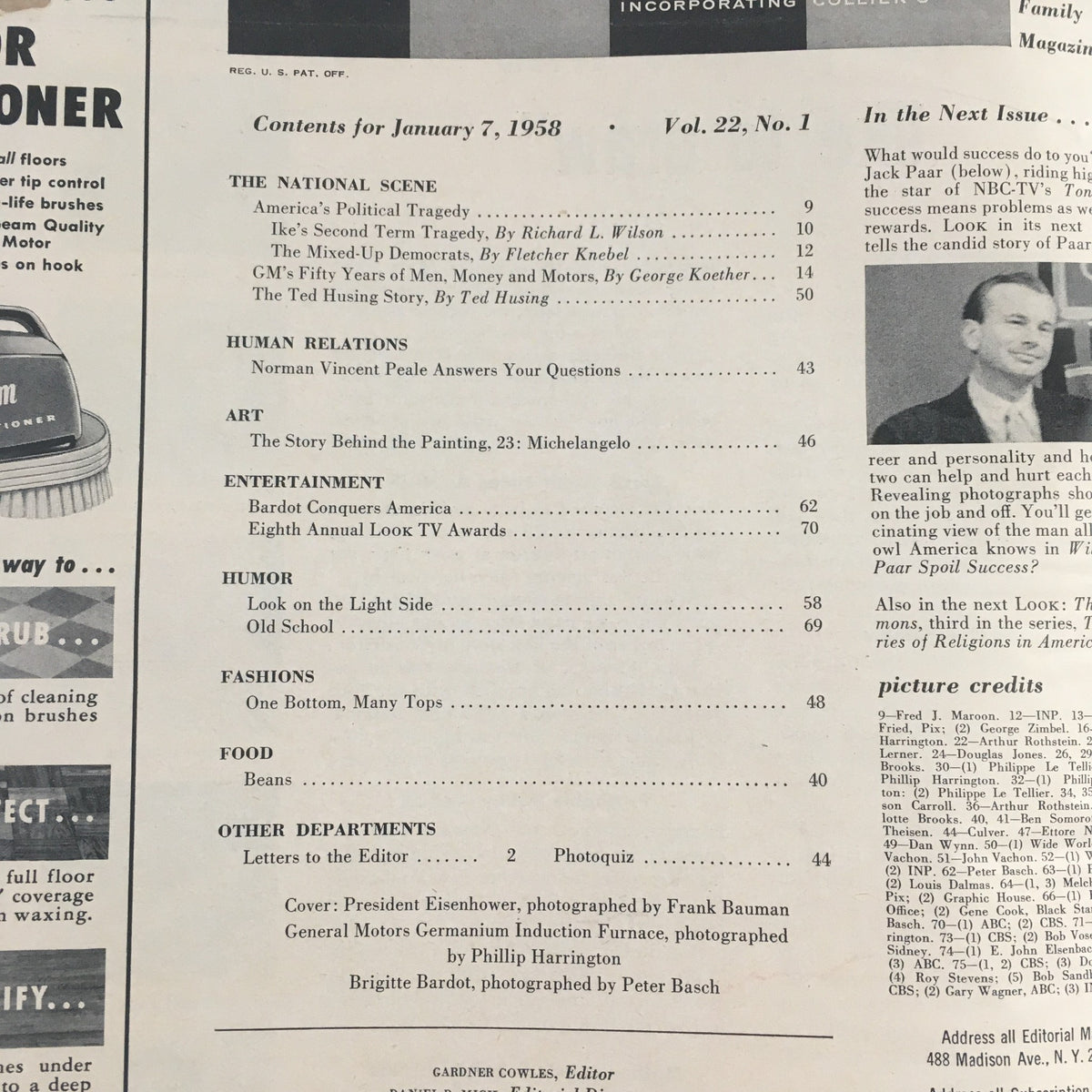 Contents page of Look Magazine from January 7, 1958, including articles on politics and entertainment, e.g., Eisenhower's second term tragedy and Bardot conquers America.