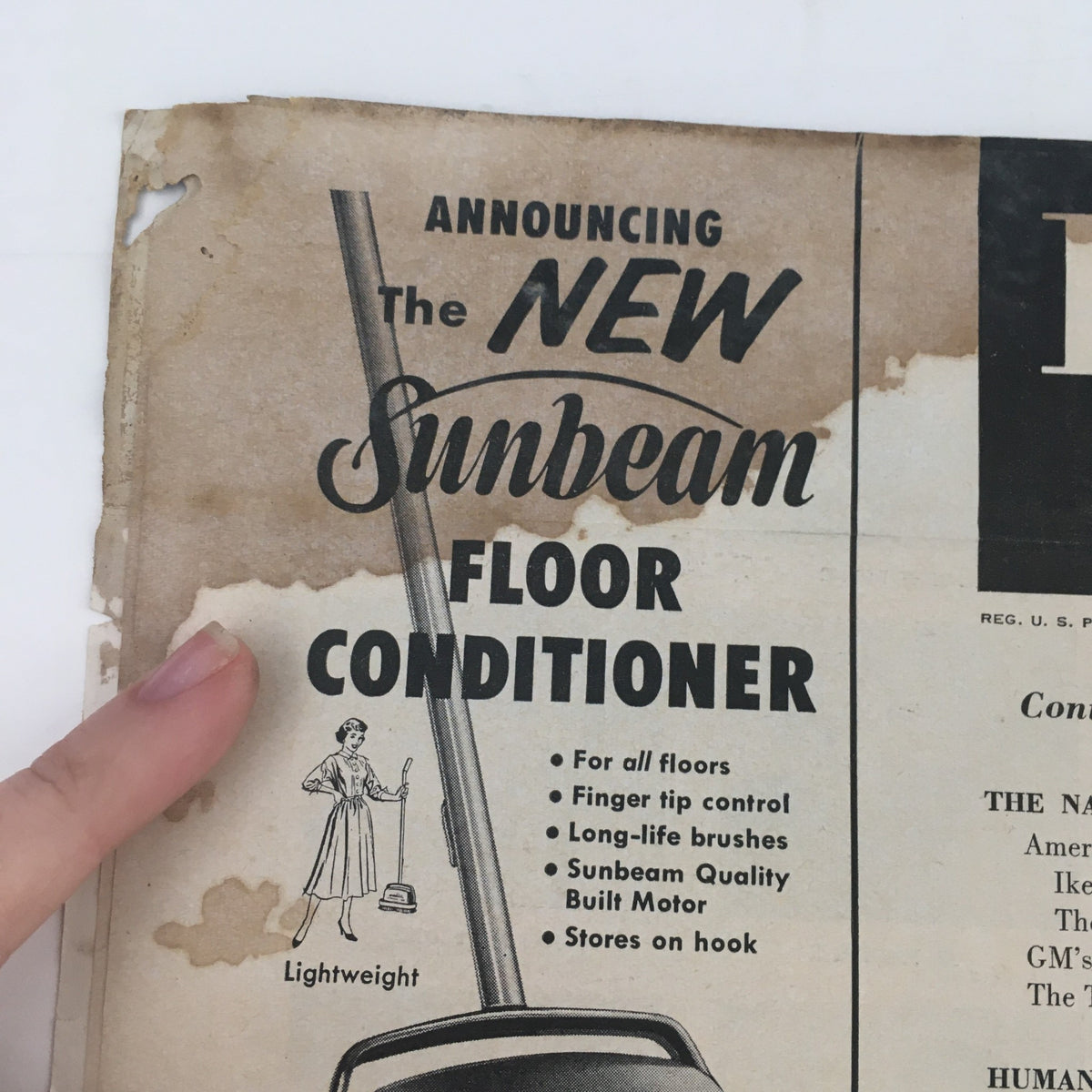 Advertisement for Sunbeam Floor Conditioner in Look Magazine, January 7, 1958, showcasing vintage household products from the 1950s.
