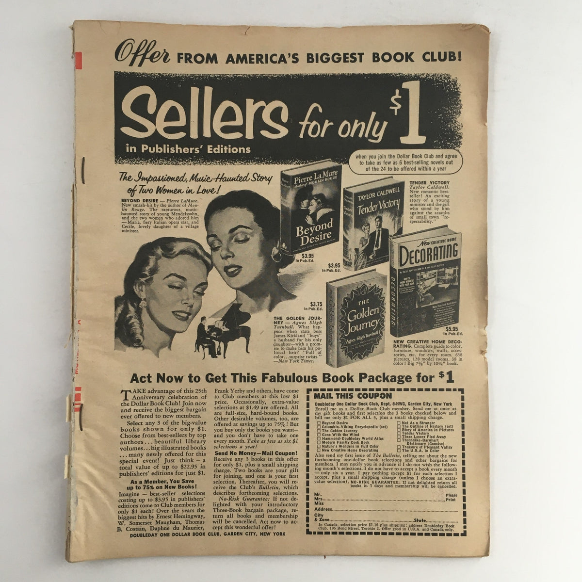 VTG Movieland August 1956 magazine featuring a promotional advertisement from America's Biggest Book Club, showcasing book offers including 'Beyond Desire' and 'Tender Victory'.