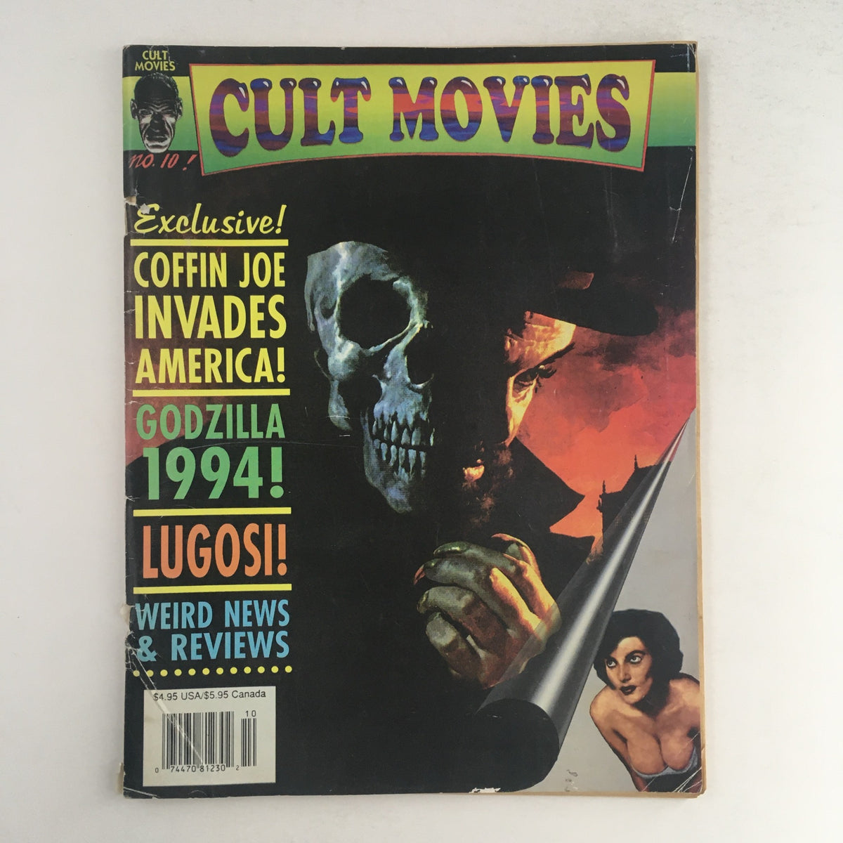 Cover of Cult Movies Magazine #10 from 1993, featuring Coffin Joe and Godzilla '94, showcasing vibrant colors and horror themes.