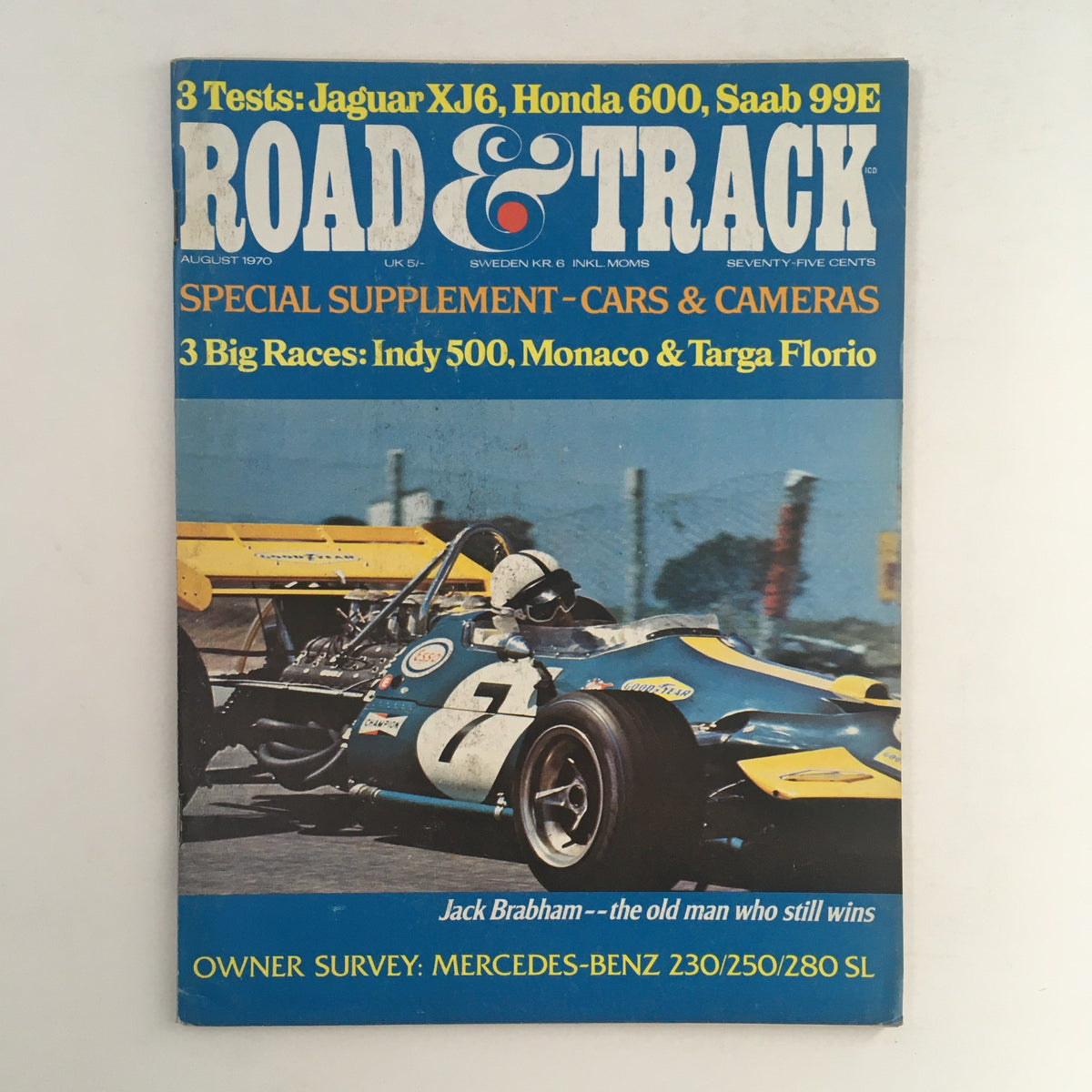 Cover of Road & Track Magazine, August 1970 featuring Jack Brabham, with the headline 'Jack Brabham - the old man who still wins', showcasing racing themes and vintage automotive tests.