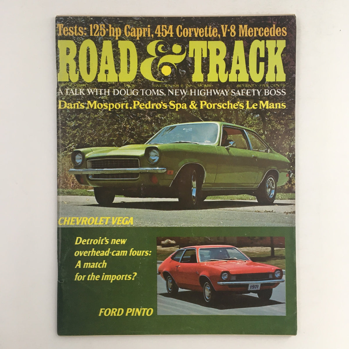 Road & Track Magazine September 1970 featuring Chevrolet Vega and Ford Pinto. The cover showcases a green Chevrolet Vega and a red Ford Pinto, with headlines about car tests and features.