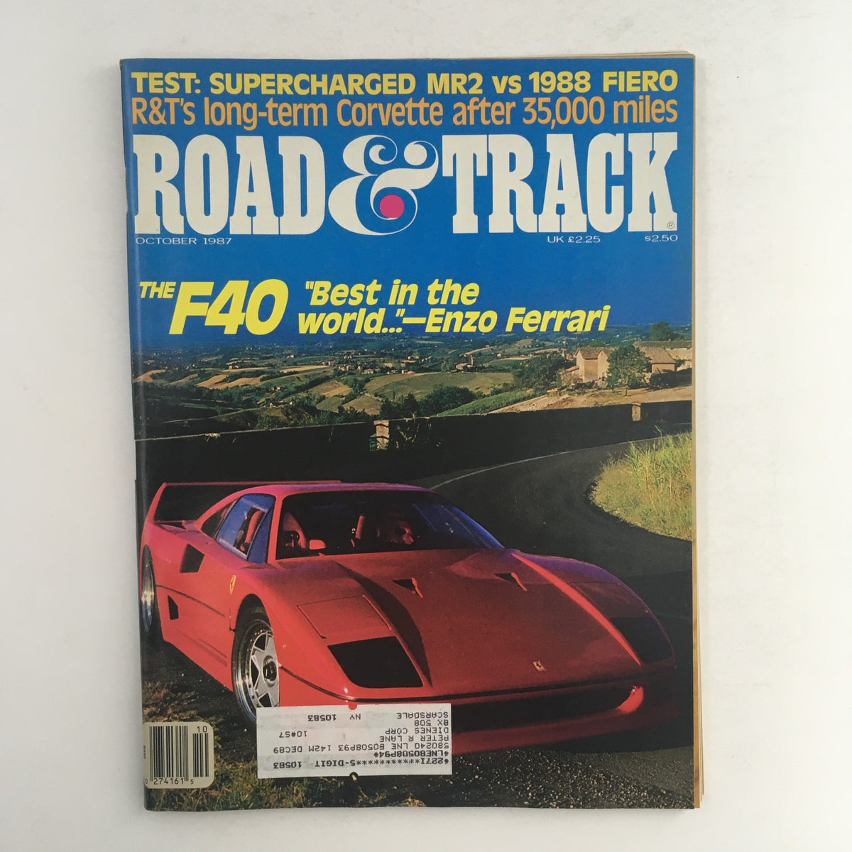 Cover of Road & Track Magazine October 1987 featuring a Supercharged MR2 vs 1988 Fiero test, along with a Ferrari F40 highlighted as 'Best in the world.'