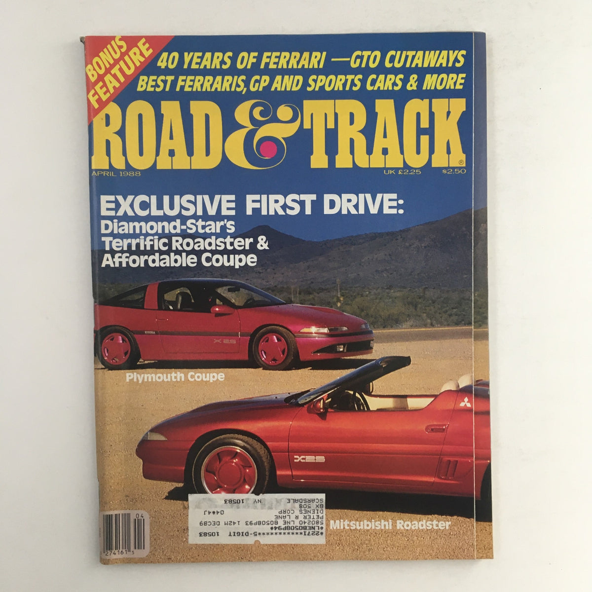 Road & Track Magazine April 1988 cover featuring Plymouth Coupe and Mitsubishi Roadster, highlighting exclusive first drives and celebrating 40 years of Ferrari. A vintage collectible for automotive enthusiasts.