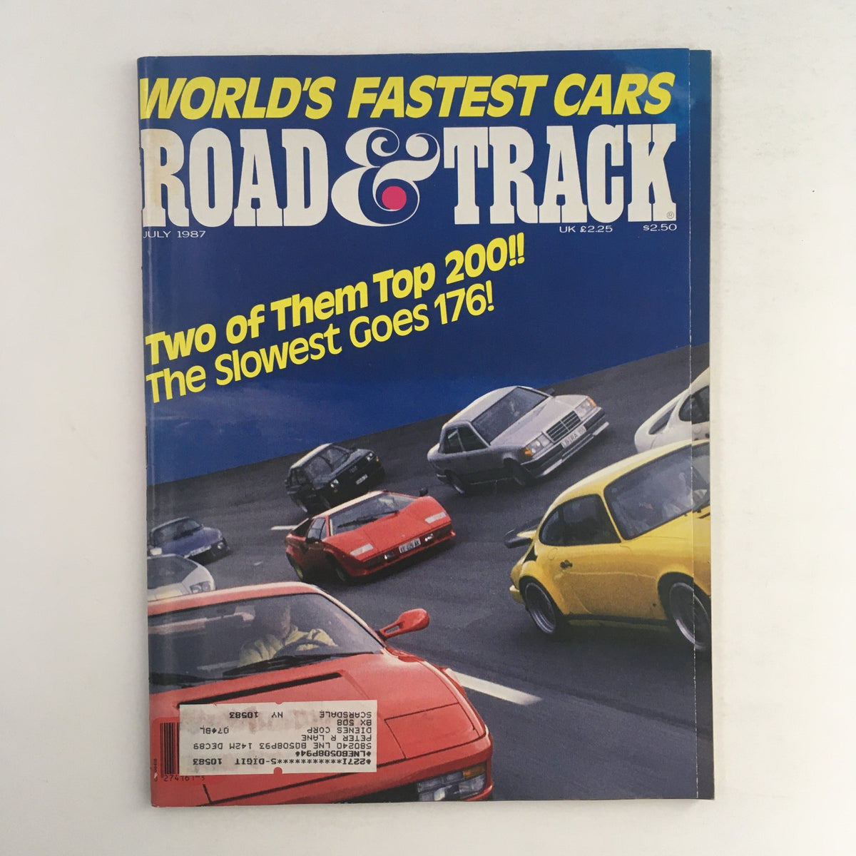 Cover of Road & Track Magazine July 1987 featuring the title 'World's Fastest Cars', with the subtitle 'Two of Them Top 200 & The Slowest Goes 176'. The cover showcases multiple cars including a red sports car and various other models on a racing track.