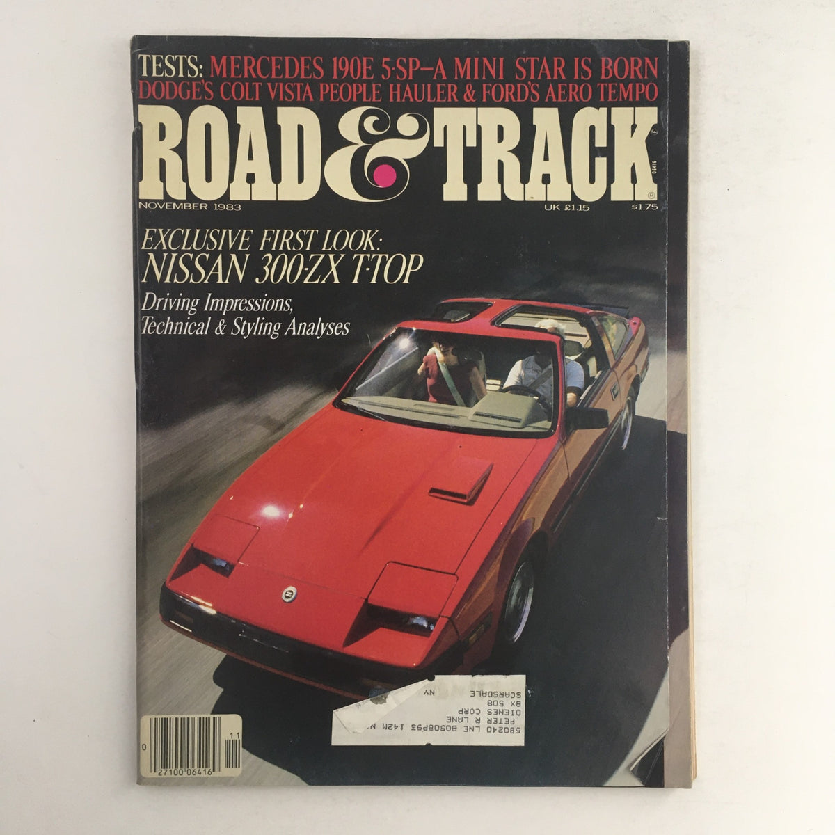 Road & Track Magazine November 1983 featuring an exclusive first look at the Nissan 300-ZX T-Top, showcasing its stylish design and performance. Cover includes driving impressions and technical analyses.