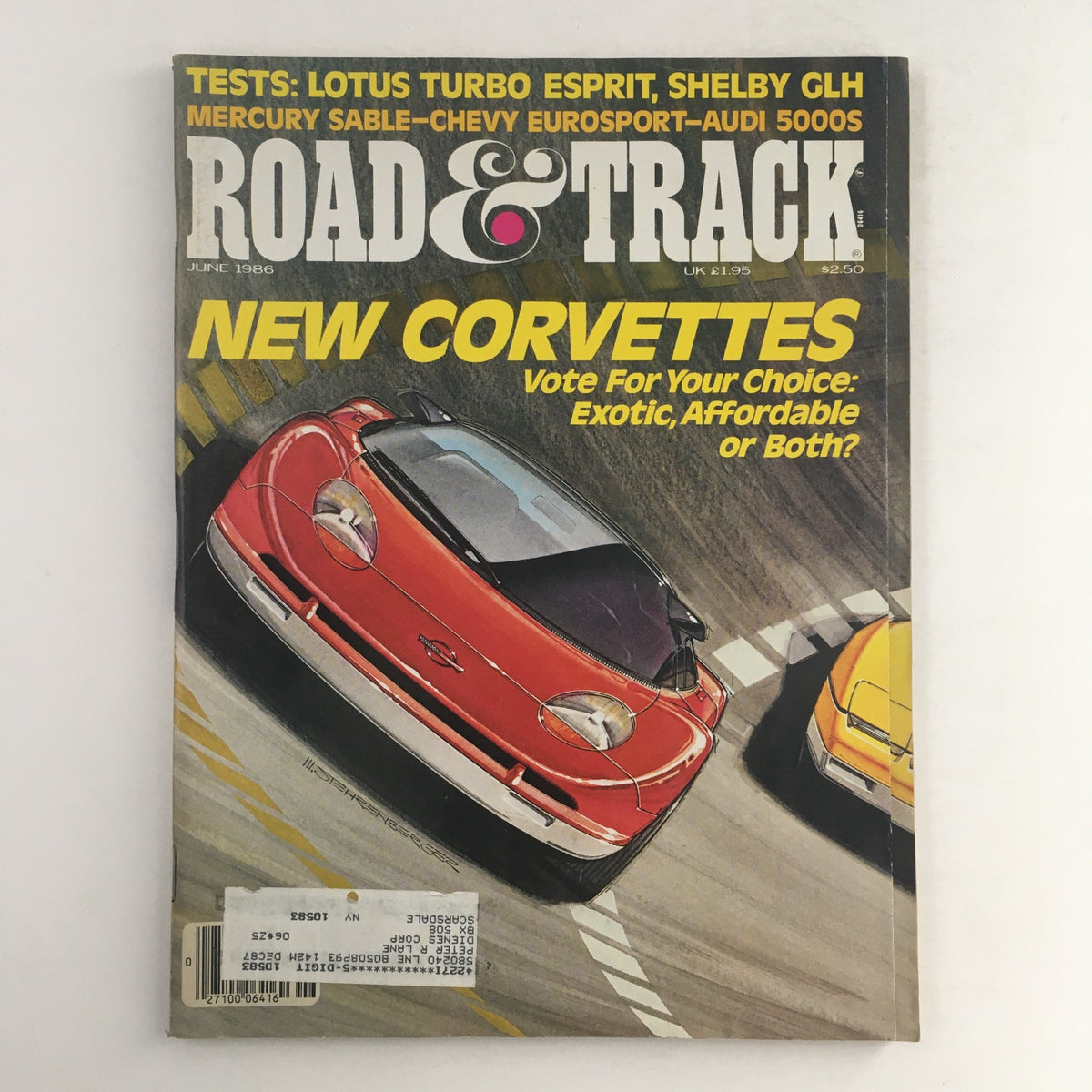Road & Track Magazine June 1986 cover featuring road tests of the Lotus Turbo Esprit and Shelby GLH, showcasing exciting sports cars and automotive culture from the 1980s.