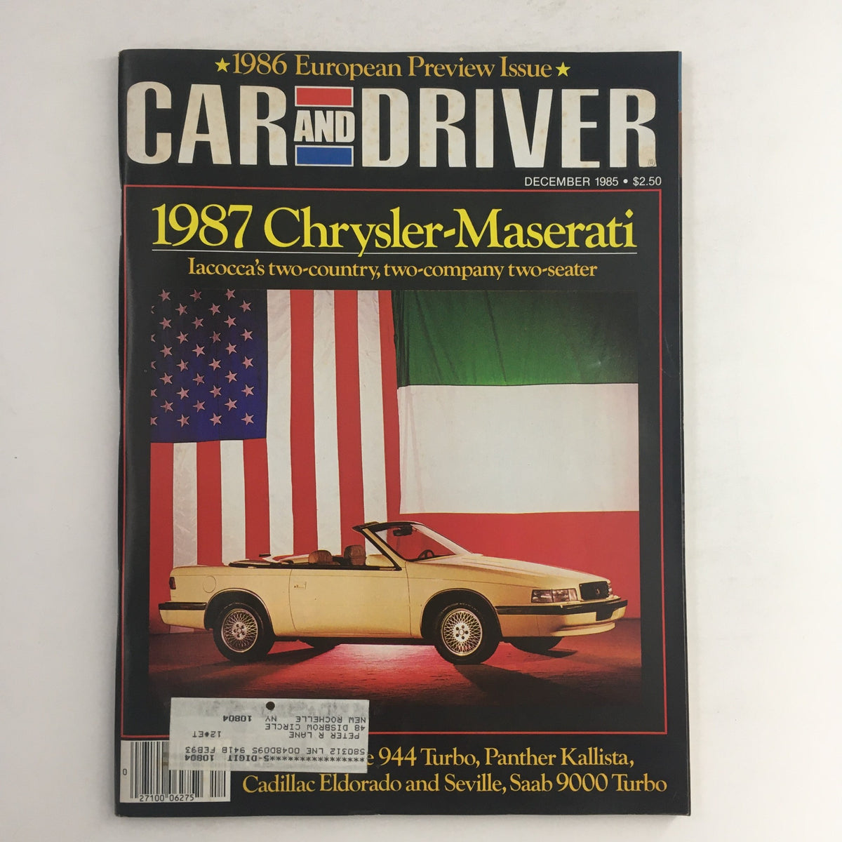Cover of Car & Driver Magazine December 1985 featuring the 1987 Chrysler-Maserati two-seater with American and Italian flags in the background, showcasing a classic collectible issue about automotive history.