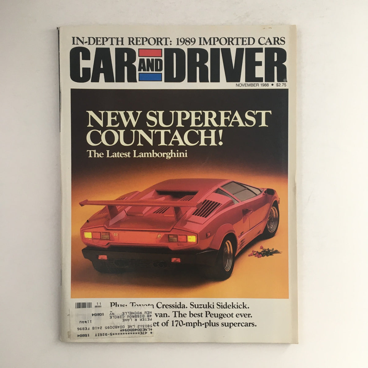 Cover of Car & Driver Magazine November 1988 featuring the Lamborghini Countach with the headline 'New Superfast Countach! The Latest Lamborghini'.