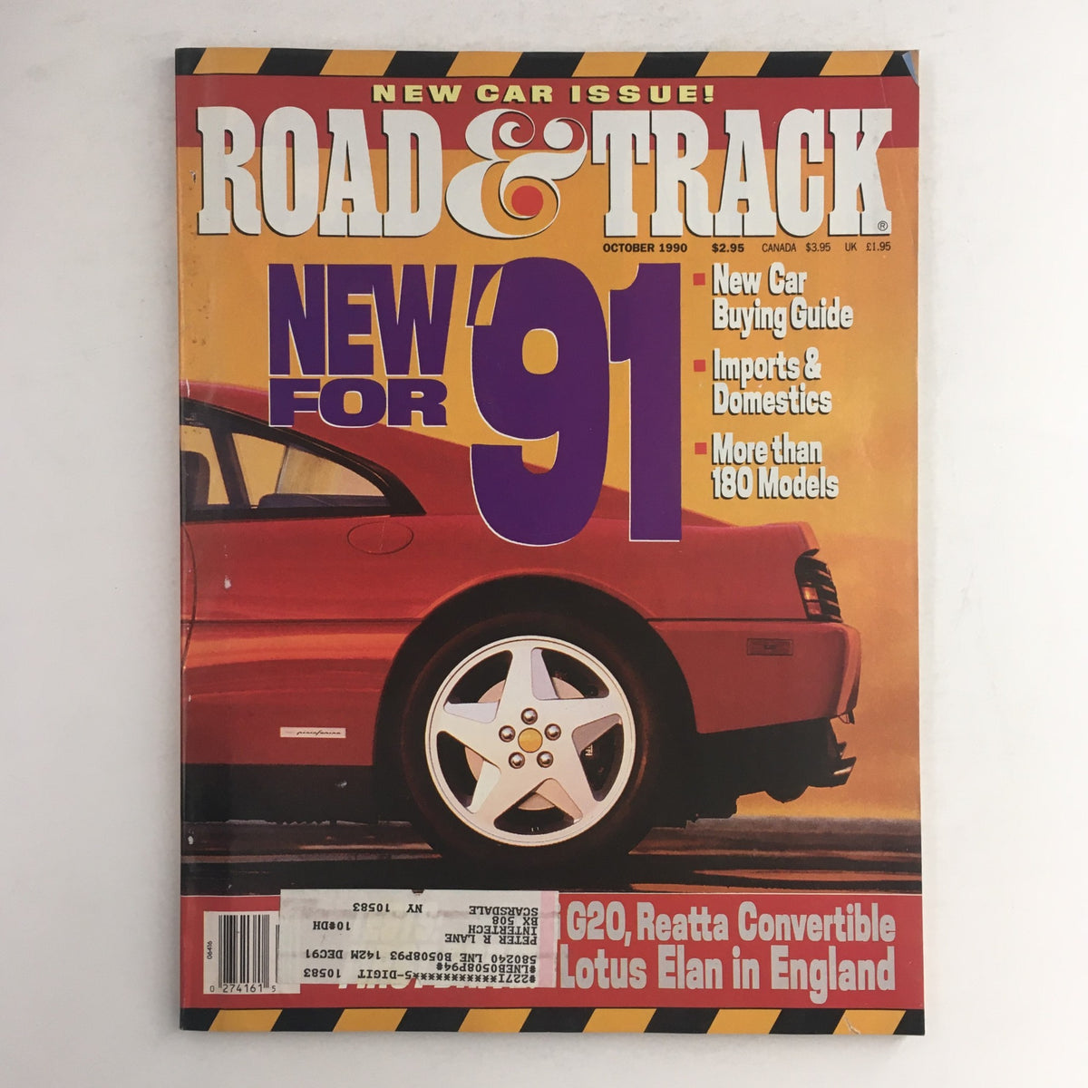 Cover of Road & Track Magazine October 1990 featuring the title 'New for '91'. The magazine includes sections on new car buying guides, imports, and domestics with visuals of a red car and a wheel. This item is categorized under car enthusiast publications.