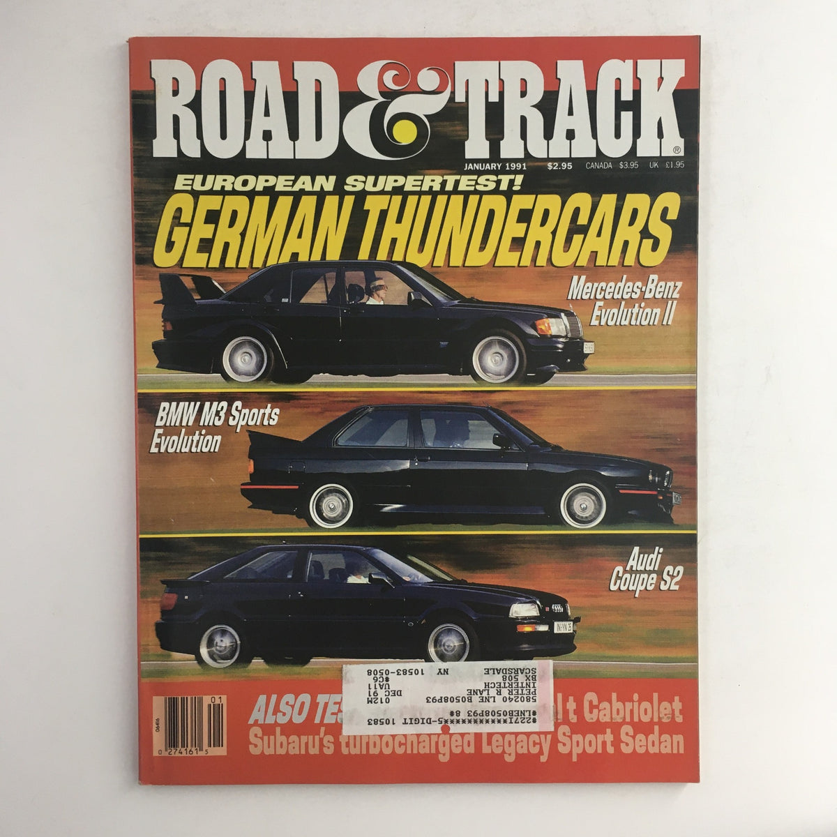 Road & Track Magazine January 1991 featuring Mercedes-Benz Evolution II, BMW M3 Sports, and Audi Coupe S2 on the cover, highlighting German Thundercars in a classic automotive publication.