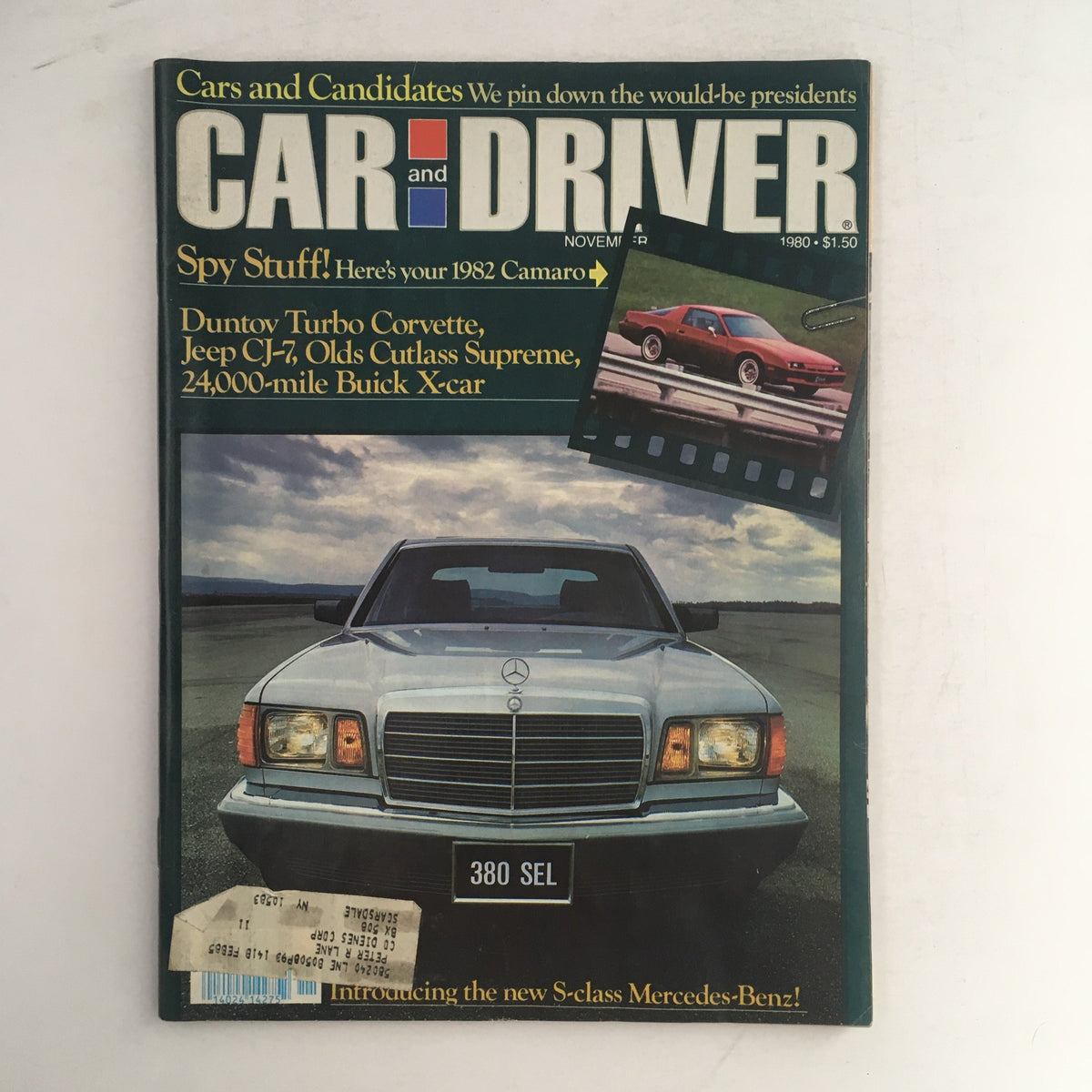 Cover of Car & Driver Magazine November 1980 featuring the S-Class Mercedes-Benz and Duntov Corvette, showcasing automotive history and vintage automobile design.