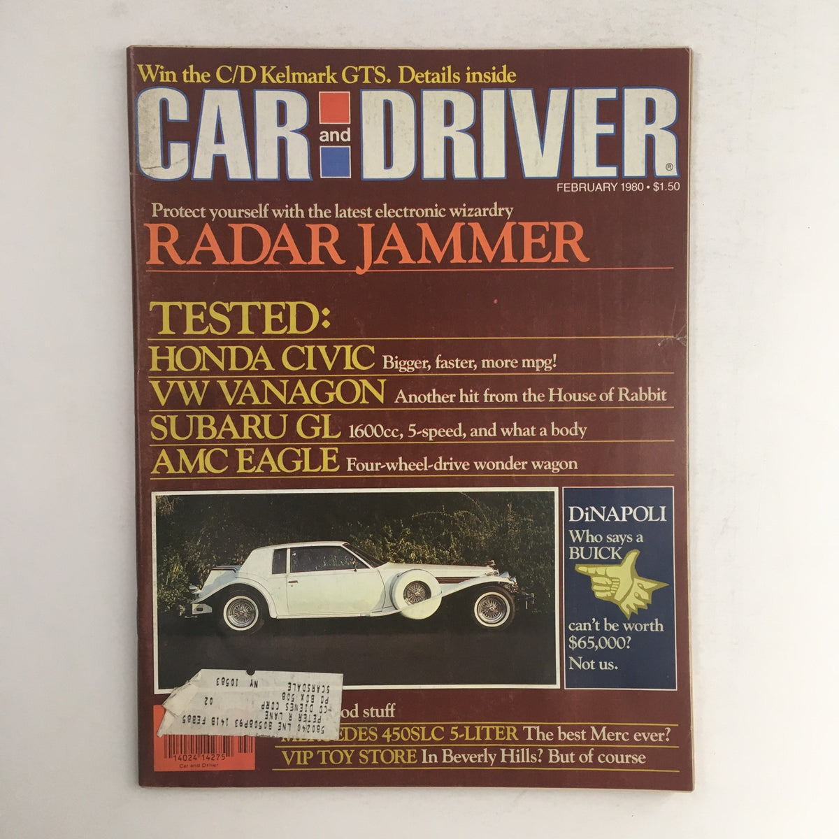 Car & Driver Magazine February 1980 cover featuring Honda Civic and VW Vanagon road test with the title 'TESTED: HONDA CIVIC bigger, faster, more mpg!' and additional features including Subaru GL and AMC Eagle. Vintage automotive publication.