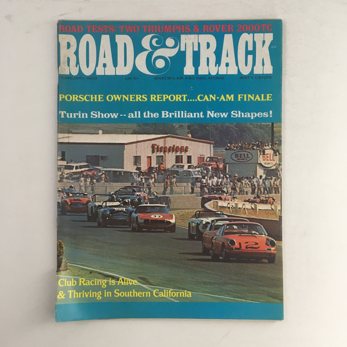 Cover of Road & Track Magazine February 1969 featuring the Porsche Owners Report and Can-Am Finale, showcasing vintage motorsport excitement.