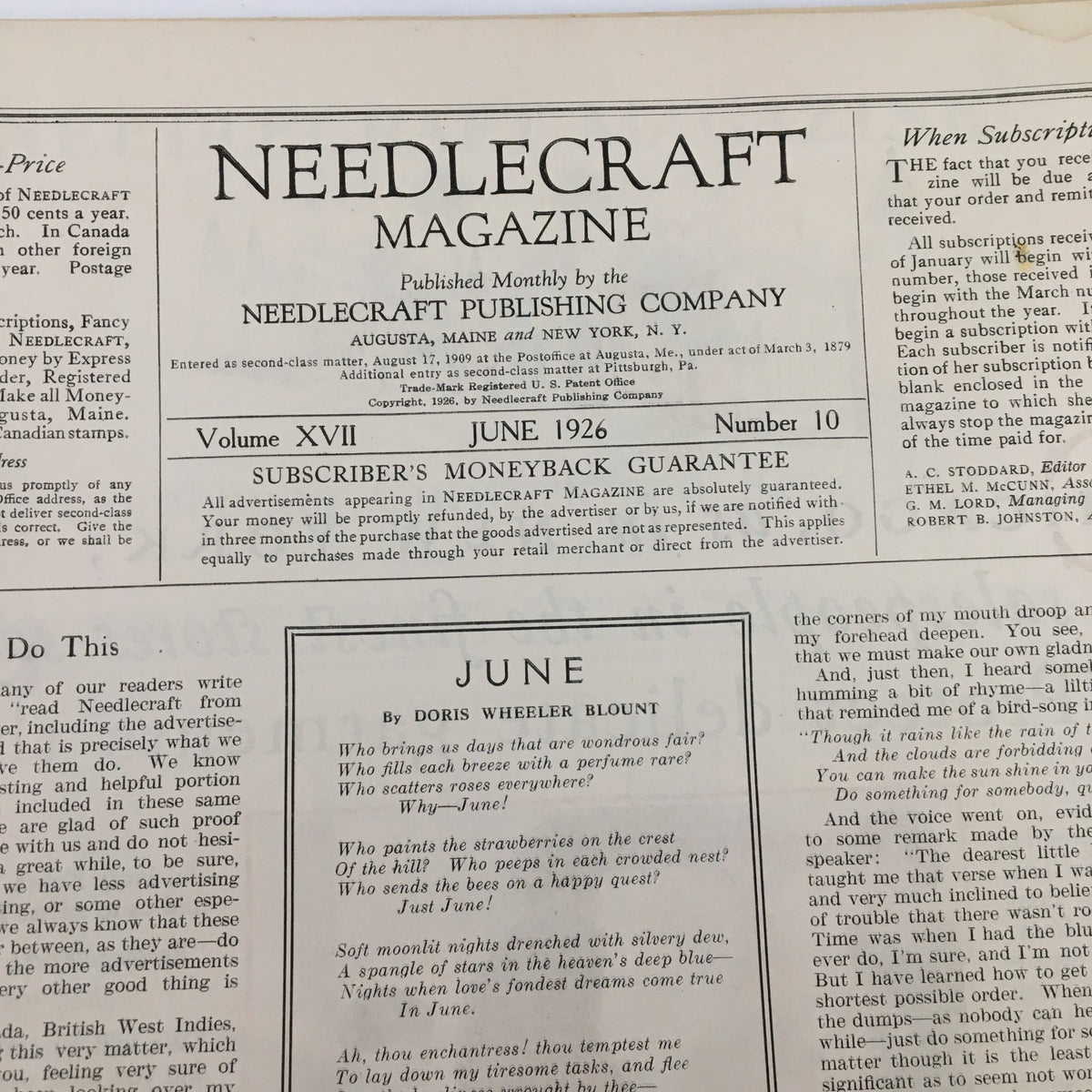 Inside view of the VTG Needlecraft Magazine June 1926 featuring the title page and introduction by Doris Wheeler Blount. It showcases historical needlecraft content and magazine details.