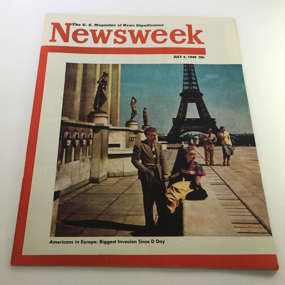 Cover of VTG Newsweek Magazine July 4, 1949, featuring iconic landmarks including the Eiffel Tower, highlighting Americans in Europe after World War II.