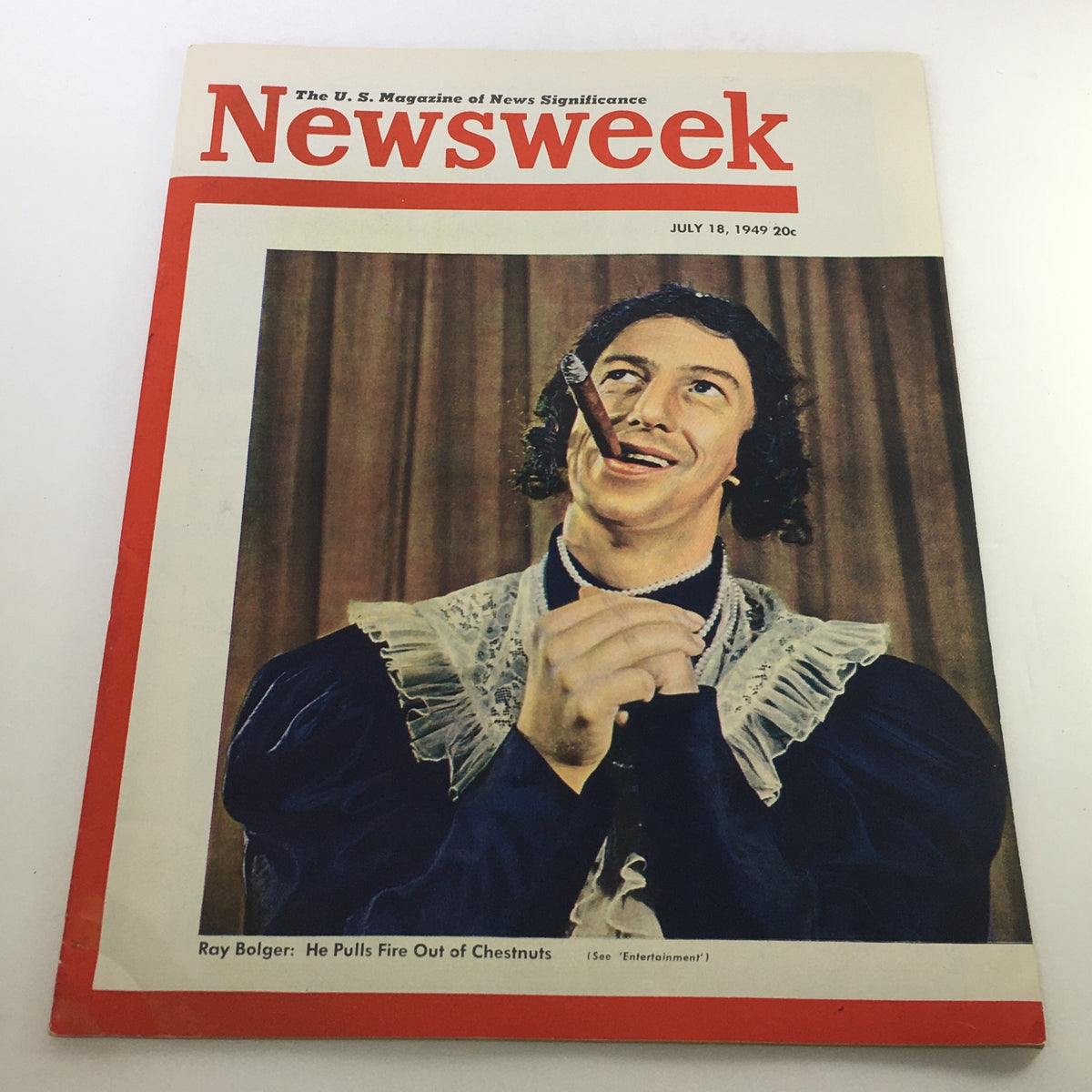 VTG Newsweek Magazine Cover from July 18, 1949 featuring Ray Bolger with a playful expression, holding a pipe and wearing a detailed costume, capturing the charm of mid-20th century entertainment.