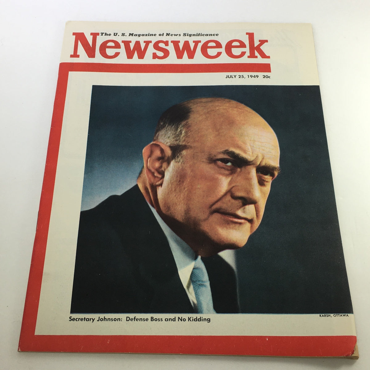 VTG Newsweek Magazine cover from July 25, 1949 featuring a portrait of Louis A. Johnson, described as 'Secretary Johnson: Defense Boss and No Kidding'. This vintage publication is a collectible piece of history.