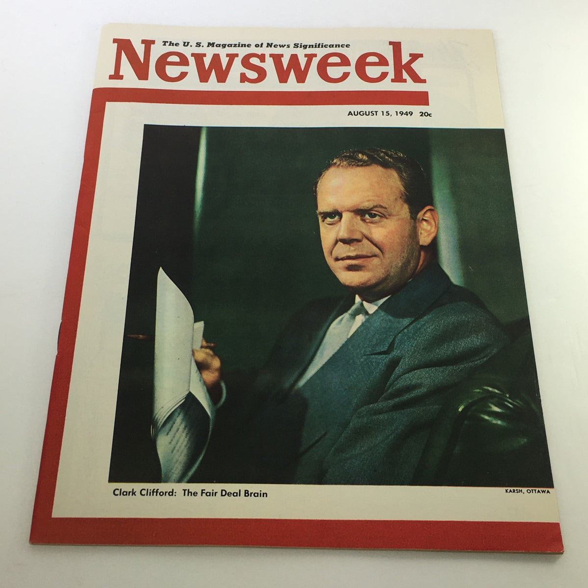 Cover of VTG Newsweek Magazine dated August 15, 1949 featuring Clark Clifford, titled 'The Fair Deal Brain', highlighting post-war America.