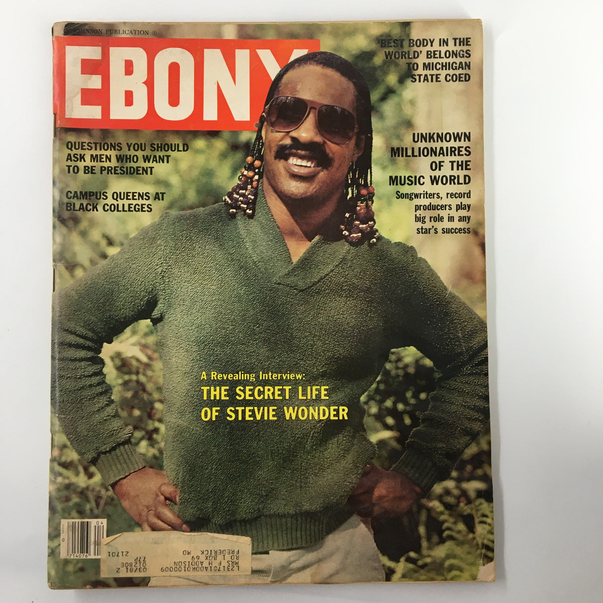 Cover of Ebony Magazine, Volume 35, Number 6, April 1980, featuring the headline 'The Secret Life of Stevie Wonder' with a portrait of Stevie Wonder wearing sunglasses and a green sweater.