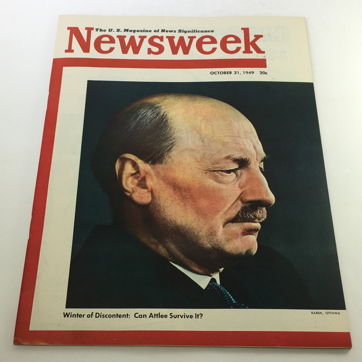 Cover of VTG Newsweek Magazine from October 31, 1949 featuring the portrait of Clement Richard Attlee with the headline 'Winter of Discontent: Can Attlee Survive It?'. This vintage magazine captures significant historical context from post-World War II.