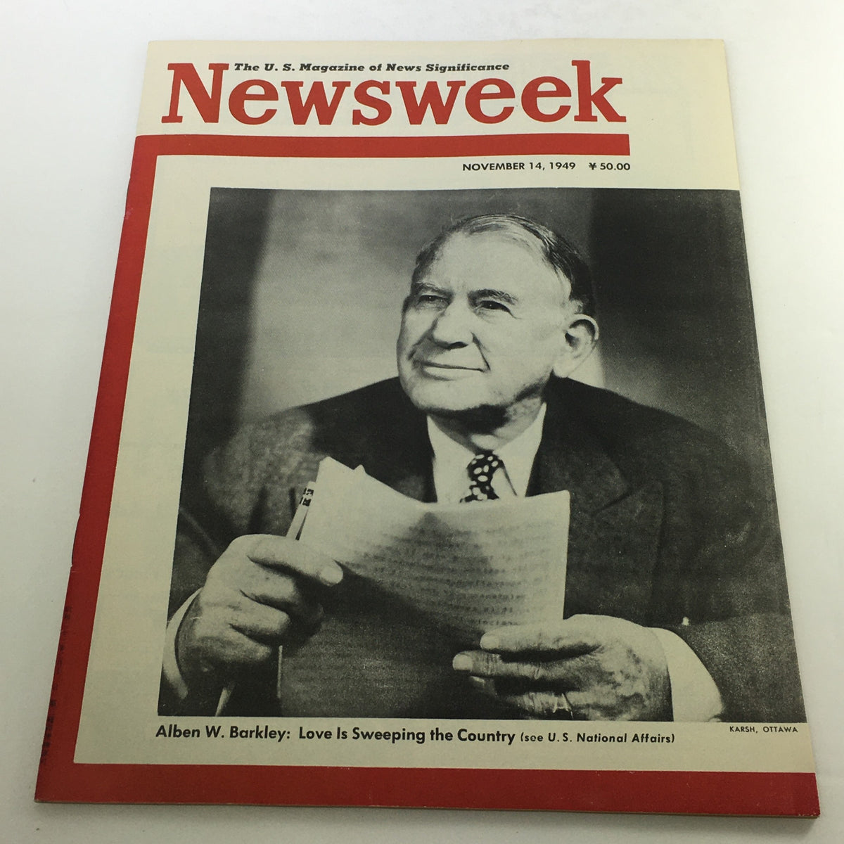 Cover of VTG Newsweek Magazine from November 14, 1949, featuring an image of Alben W. Barkley with the headline 'Love Is Sweeping the Country'. This vintage publication captures significant historical moments post-World War II.