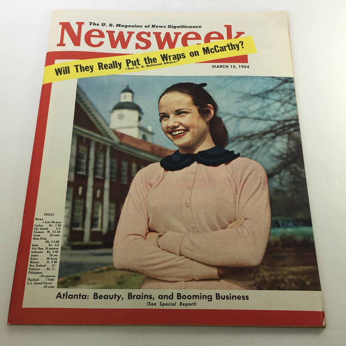 Cover of the VTG Newsweek Magazine dated March 15, 1954, featuring a smiling young woman, with the headline asking, 'Will They Really Put the Wraps on McCarthy?' The magazine reflects a historical moment related to Joseph McCarthy, showcasing mid-20th century American politics.