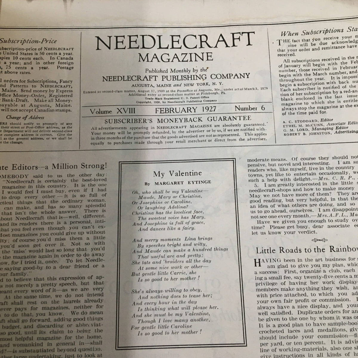 Interior page of VTG Needlecraft Magazine February 1927 My Valentine by Margaret Eytinge, showcasing contents and artistic layout related to needlecraft.