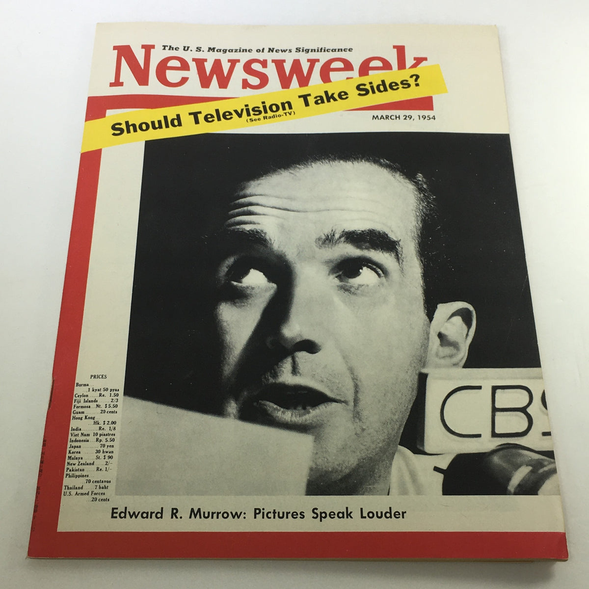 VTG Newsweek Magazine March 29 1954 featuring Edward R. Murrow, highlighting the question 'Should Television Take Sides?' along with a striking black and white image of Murrow.