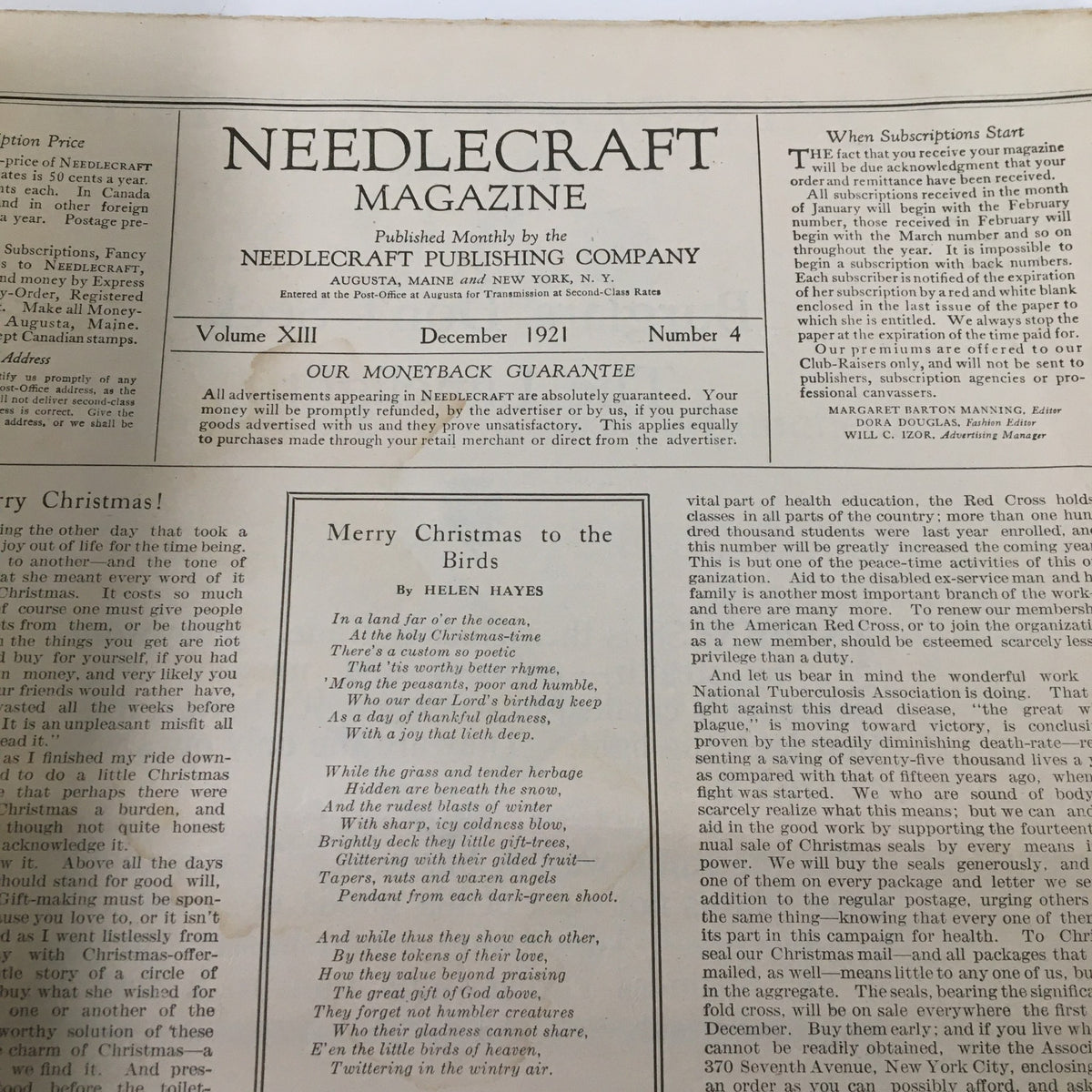 Cover page of the VTG Needlecraft Magazine December 1921, Volume 13, Number 4, titled 'Merry Christmas to the Birds,' highlighting vintage needlecraft themes and illustrations.
