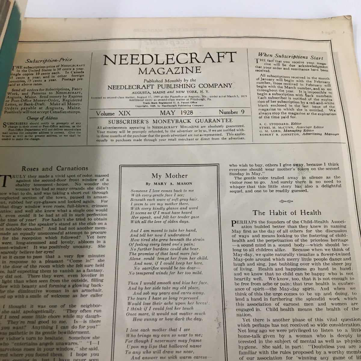 Inside page of the VTG Needlecraft Magazine May 1928 Vol. 19 No. 9, showcasing the contents and the poem 'My Mother' by Mary A. Mason.