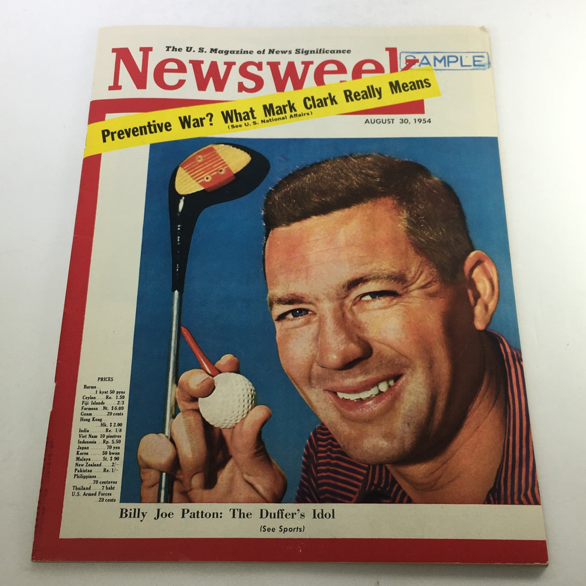 VTG Newsweek Magazine August 30 1954 featuring Billy Joe Patton on the cover, with a golfer holding a golf ball, showcasing vintage magazine design and historical significance.