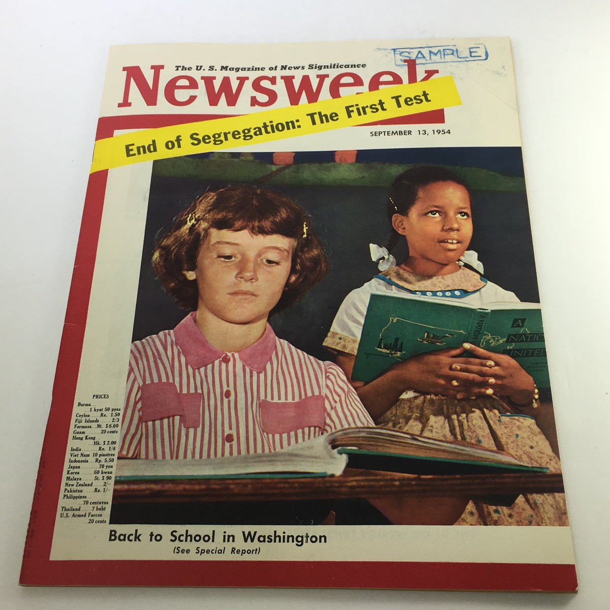 Vintage Newsweek Magazine from September 13, 1954 featuring a 'Back to School' theme, displaying two girls reading with a backdrop illustrating educational themes.