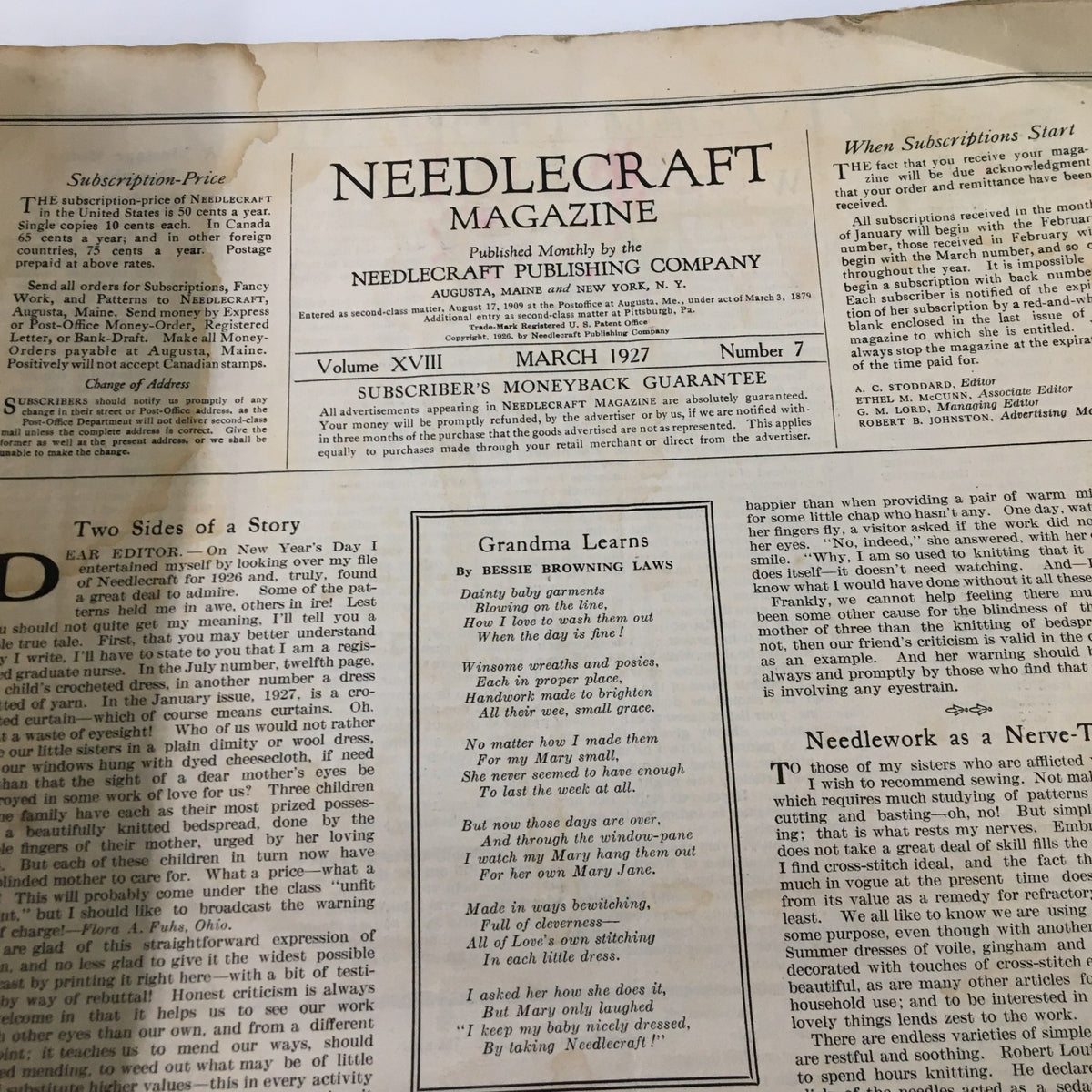 Interior page of VTG Needlecraft Magazine March 1927, featuring the title 'Needlecraft Magazine' and the article 'Grandma Learns' with vintage printing.