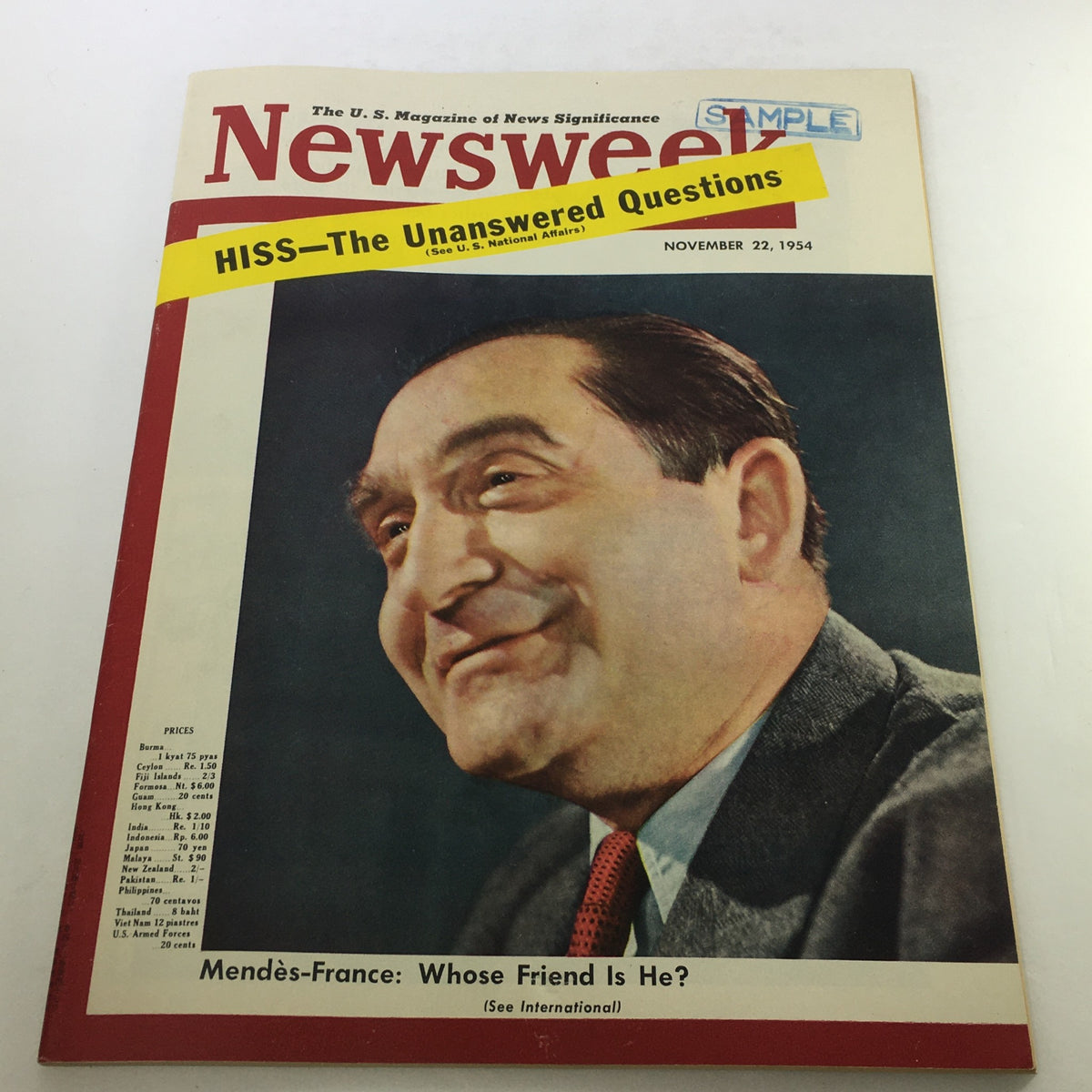 VTG Newsweek Magazine November 22, 1954 featuring Pierre Mendès France on the cover. This vintage publication showcases historical news and cultural insights from the past with notable headlines and a classic magazine layout.