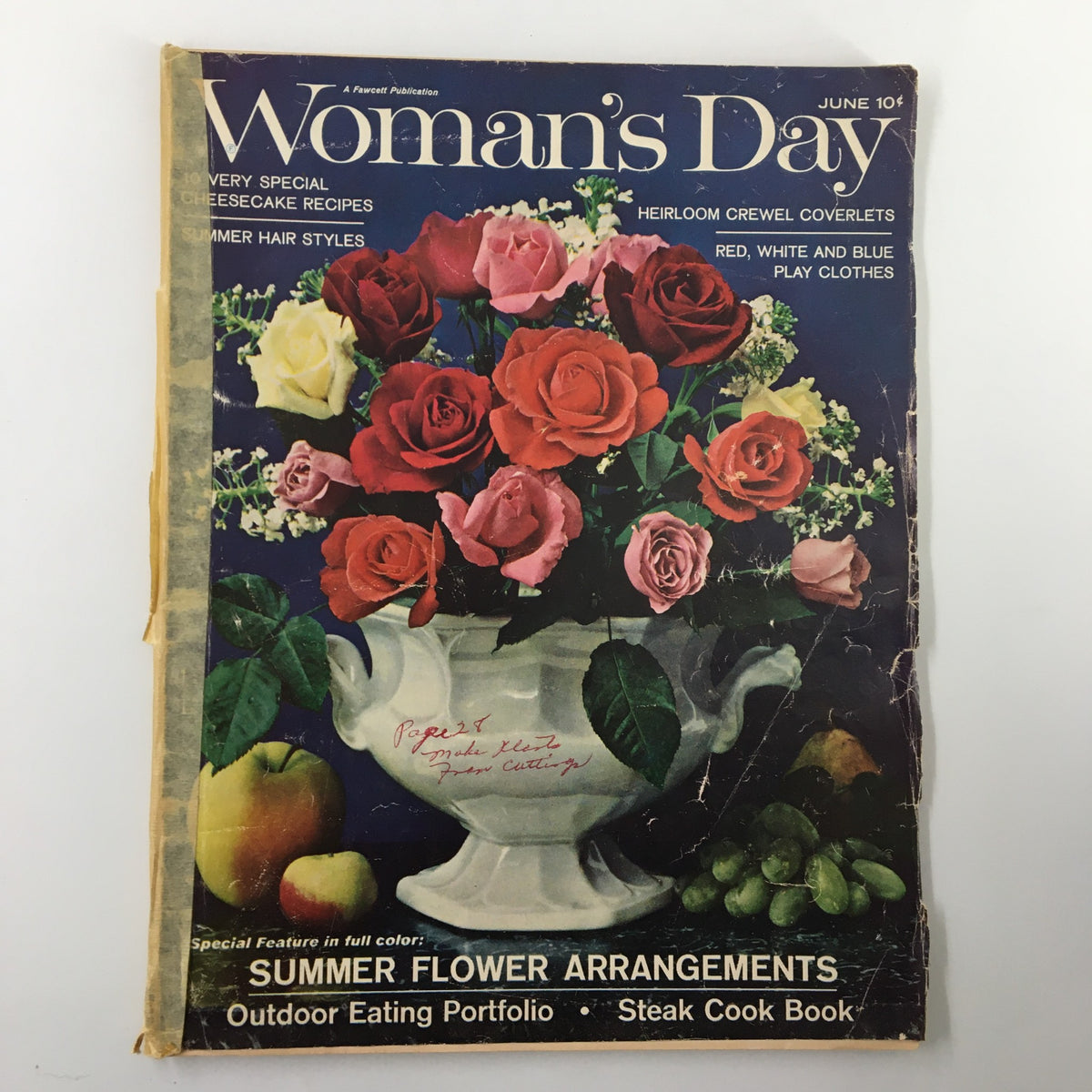 Cover of VTG Woman's Day Magazine June 1963 featuring summer flower arrangements with vibrant roses and fruits, showcasing vintage design.